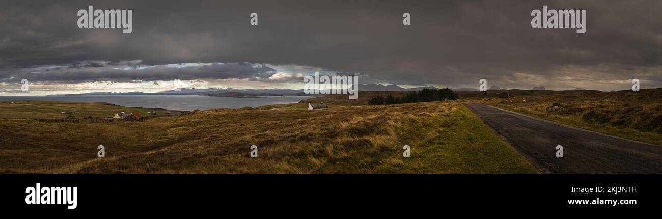 An autumnal panorama of the Northwest Sutherland mountains from Ben Mor Coigach in the south to Cranstackie in the north. Scotland. 26 October 2022 Stock Photo