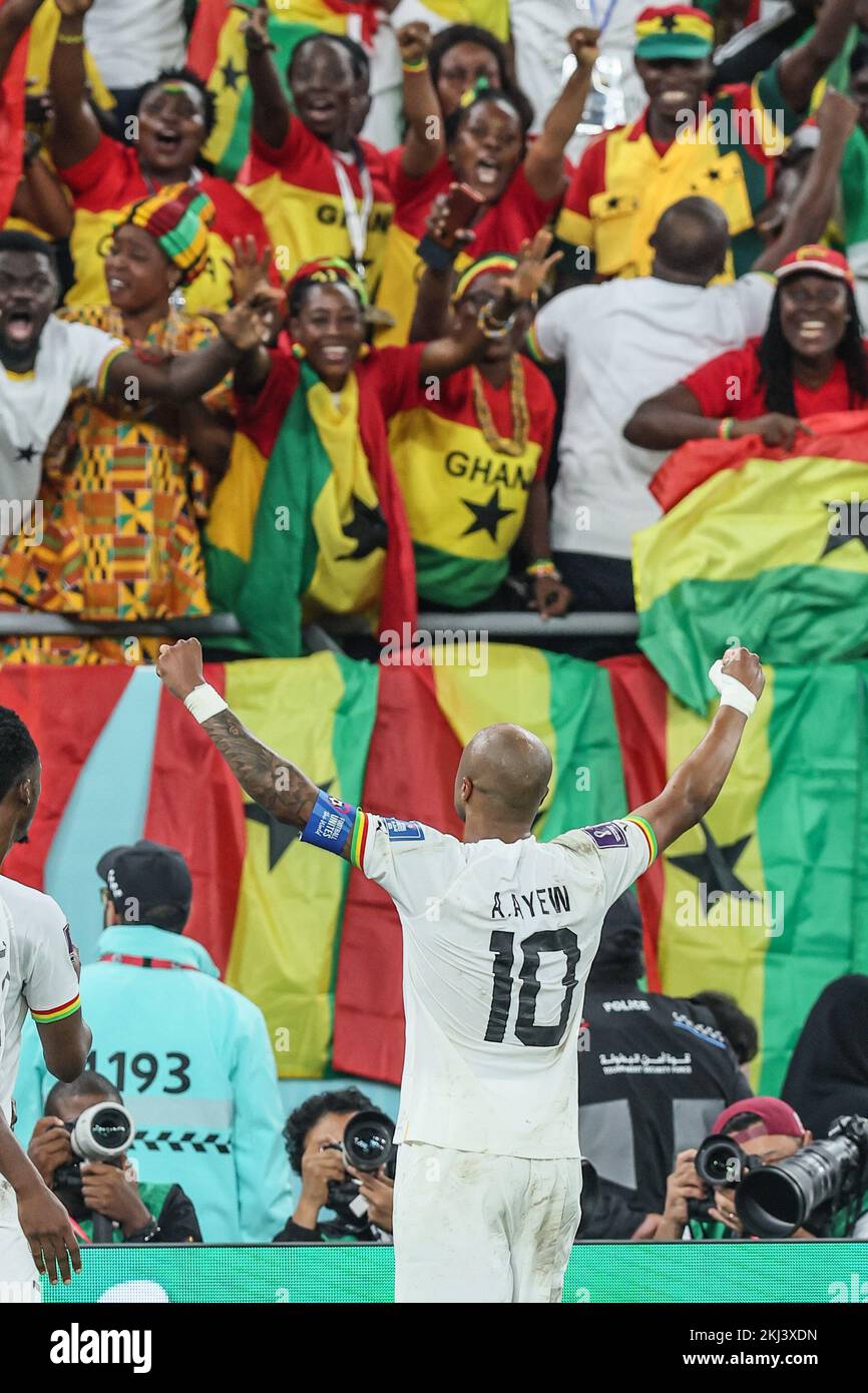 Ghana's Andre Ayew celebrates after scoring during a soccer game between Portugal and Ghana, in Group H of the FIFA 2022 World Cup in Doha, State of Qatar on Thursday 24 November 2022. BELGA PHOTO BRUNO FAHY Credit: Belga News Agency/Alamy Live News Stock Photo