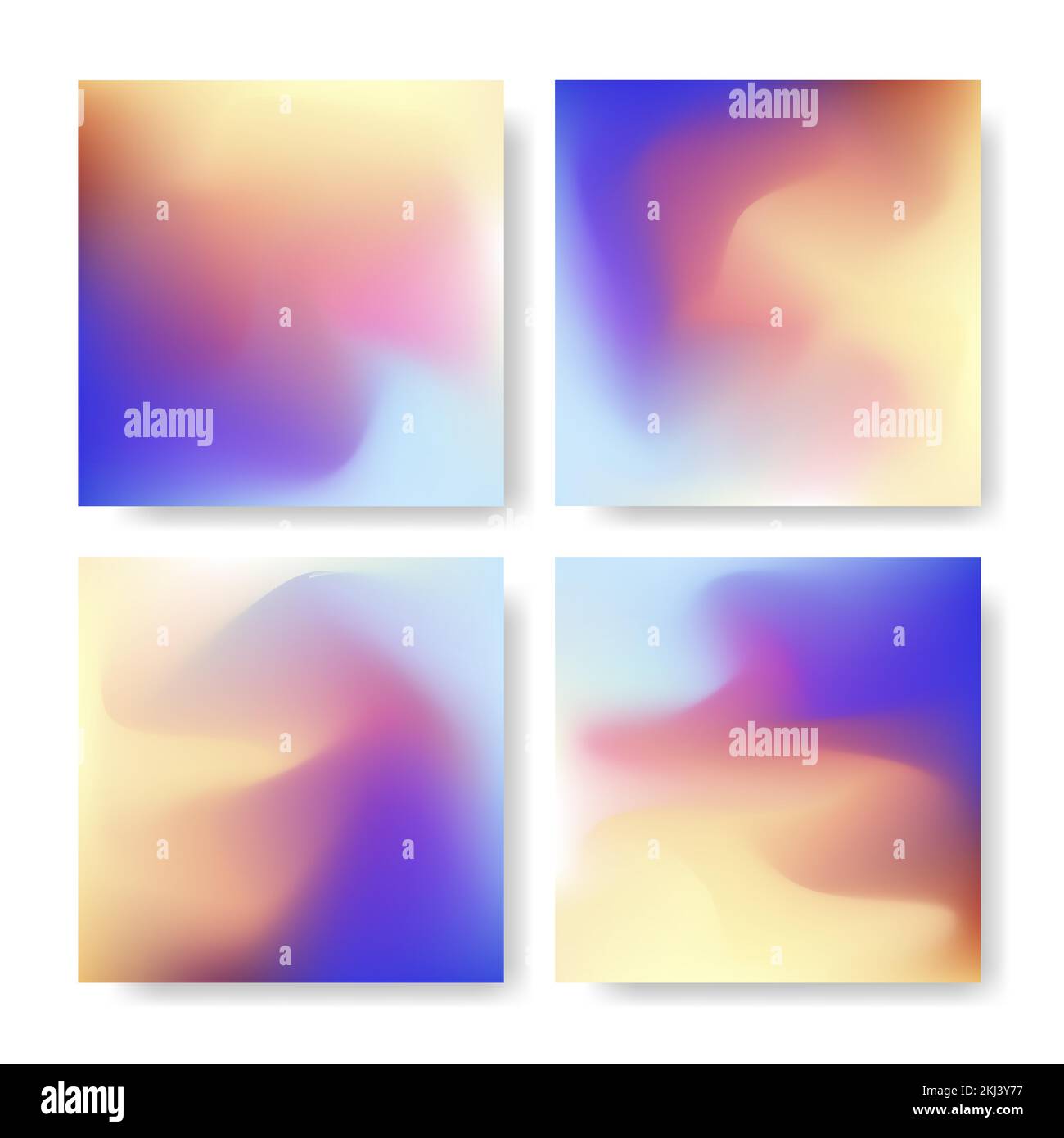 Fluid colors backgrounds set. Dreamy mesh gradient in purple, orange, yellow, pink and blue color. Aesthetic social media square post template Stock Vector