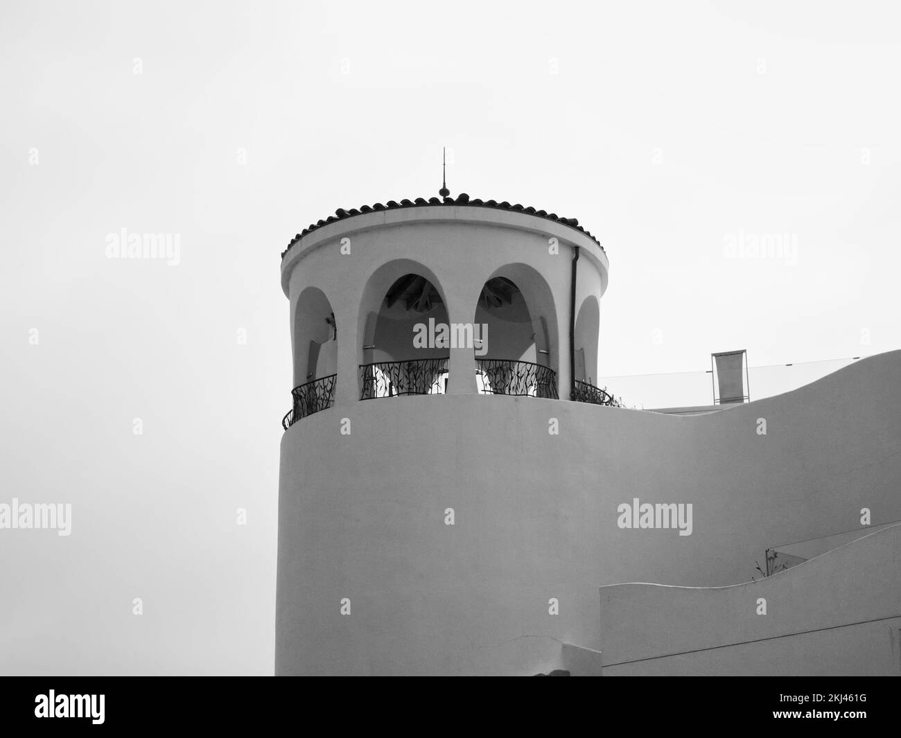 Black and white photo of the tower of the MOXI, The Wolf Museum of Exploration + Innovation in Santa Barbara, California, USA Stock Photo