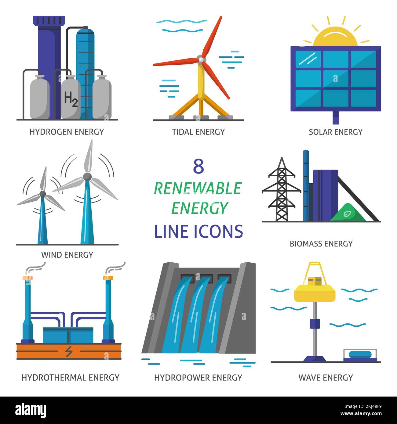 Collection of renewable energy colored icons. Different types of