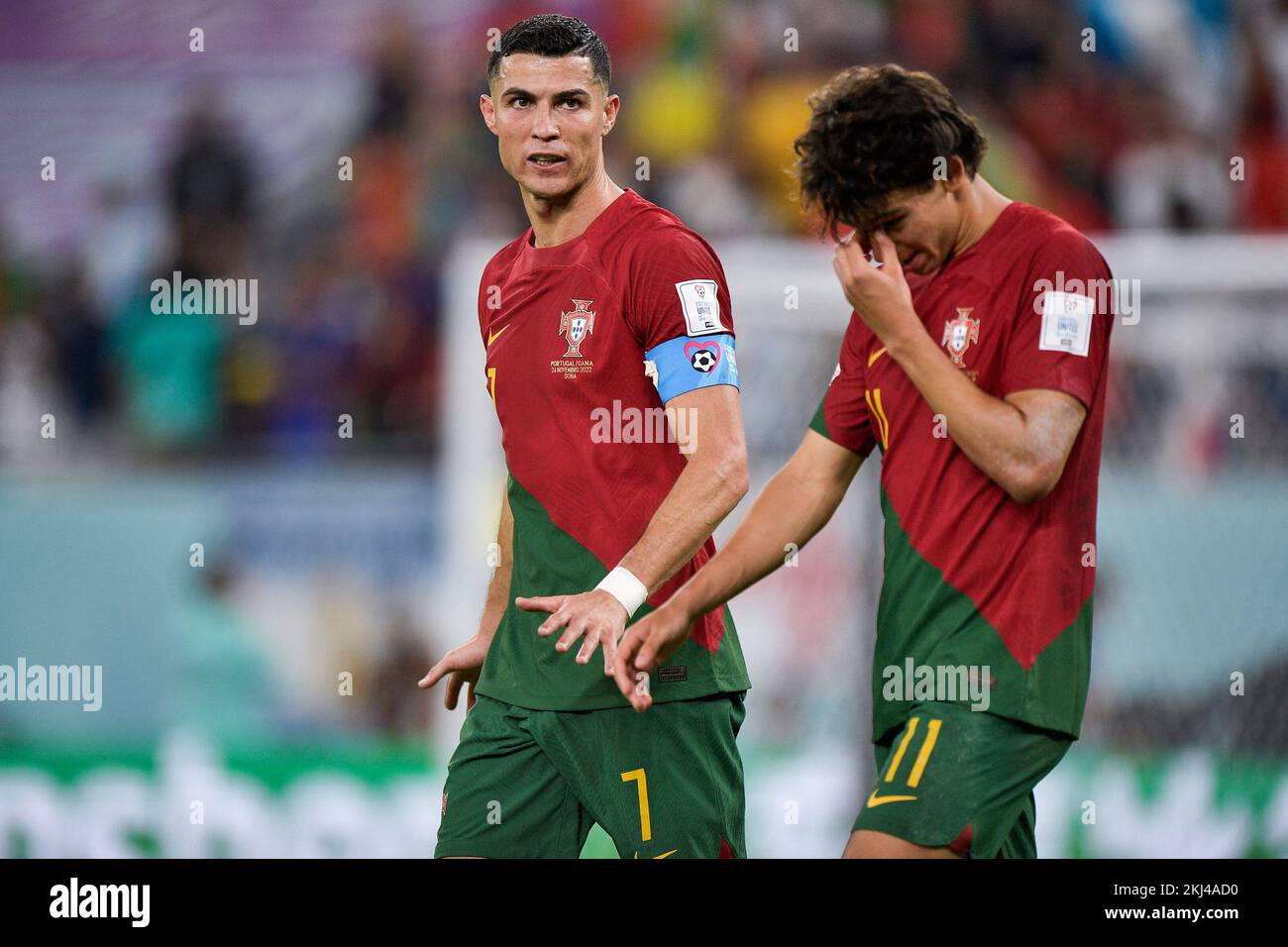 DOHA, QATAR - NOVEMBER 24: Joao Felix of Portugal celebrates after scoring his sides second goal with Cristiano Ronaldo of Portugal during the Group H - FIFA World Cup Qatar 2022 match between Portugal and Ghana at the Stadium 974 on November 24, 2022 in Doha, Qatar (Photo by Pablo Morano/BSR Agency) Credit: BSR Agency/Alamy Live News Stock Photo