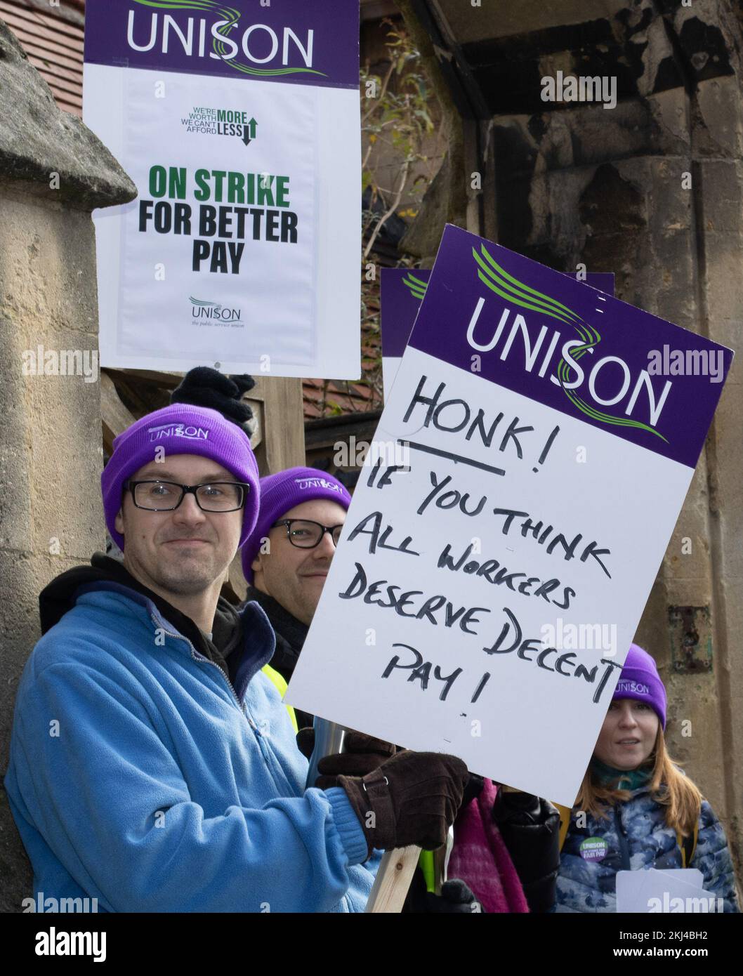 24th November 2022. Cheltenham, UK. UNISON members picket outside Frances Close Hall, a campus of the University of Gloucestershire . The University and College Lecturers Union have begun industrial action on the grounds of pay and conditions in a dispute expected to last well into 2023. Picture: Robin Gaffney/Pathos Stock Photo