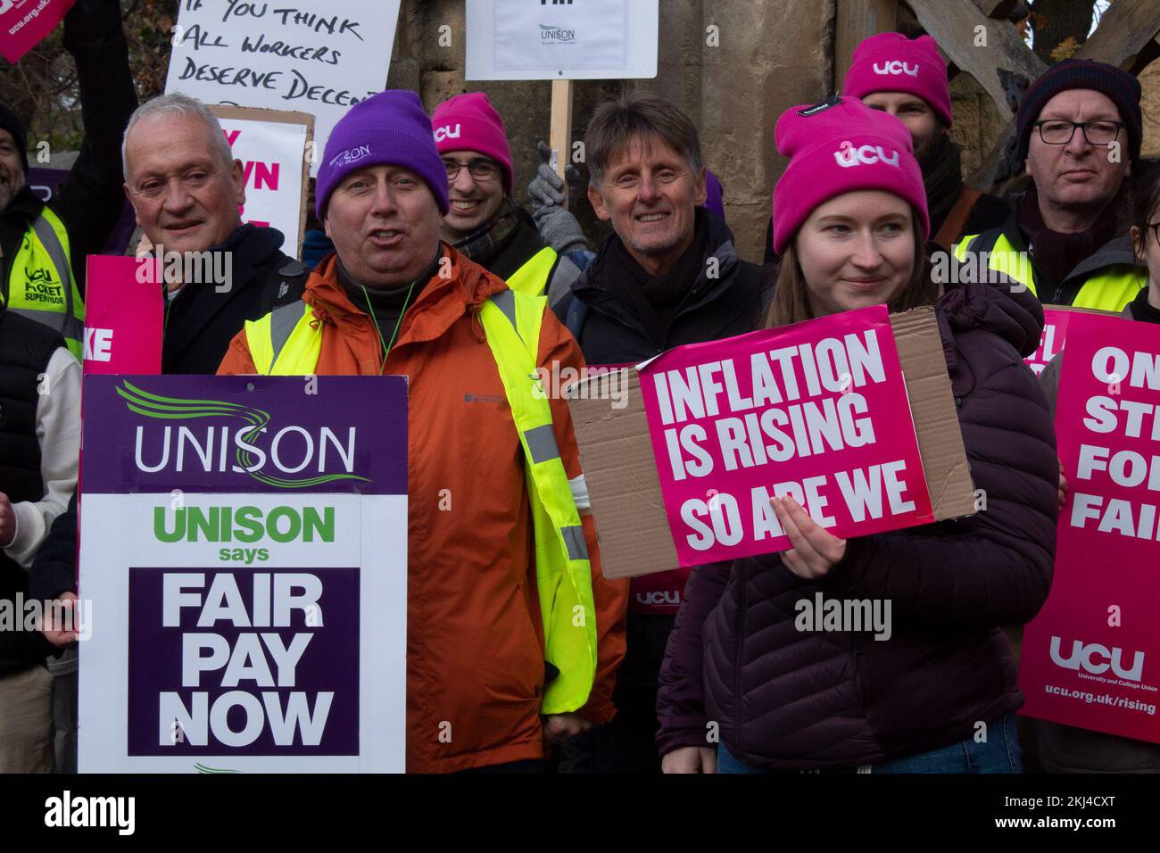 24th November 2022. Cheltenham, UK. UNISON and UCU members picket outside Frances Close Hall, a campus of the University of Gloucestershire . The University and College Lecturers Union have begun industrial action on the grounds of pay and conditions in a dispute expected to last well into 2023. Picture: Caitlin Hayes/Pathos Stock Photo