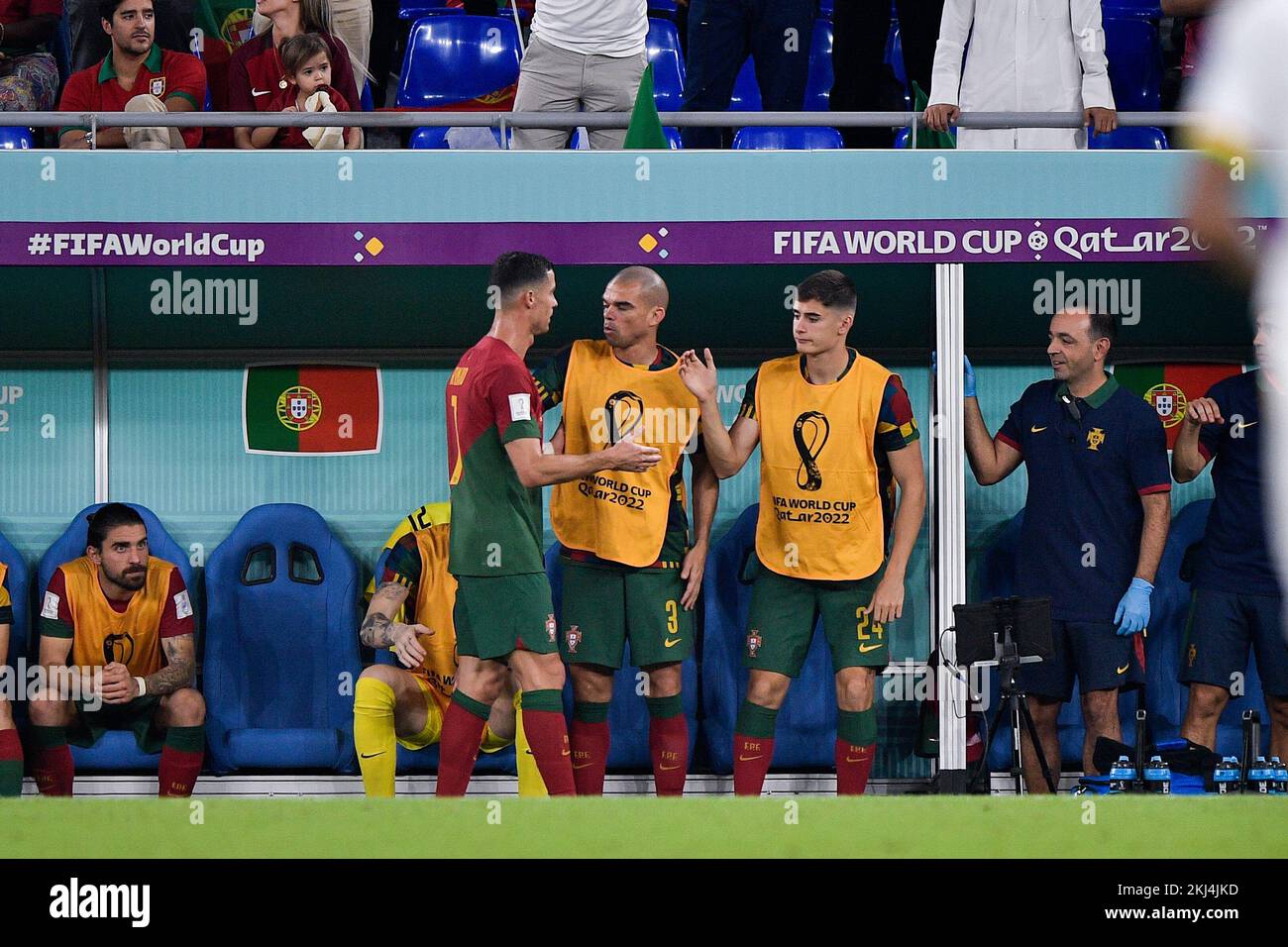 DOHA, QATAR - NOVEMBER 24: Cristiano Ronaldo of Portugal, Pepe of Portugal and Antonio Silva of Portugal during the Group H - FIFA World Cup Qatar 2022 match between Portugal and Ghana at the Stadium 974 on November 24, 2022 in Doha, Qatar (Photo by Pablo Morano/BSR Agency) Stock Photo