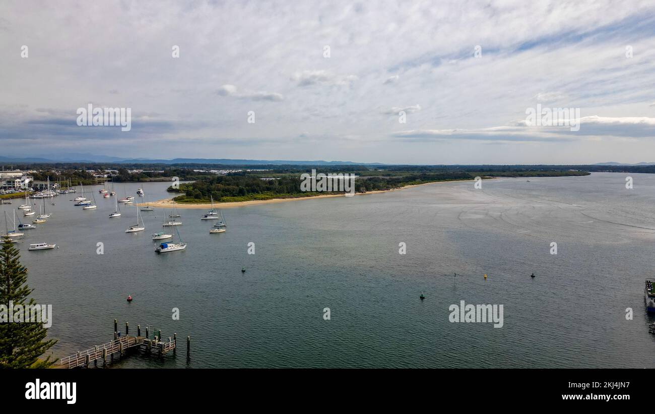 An aerial view of the yachts and boats in the Macquarie port in