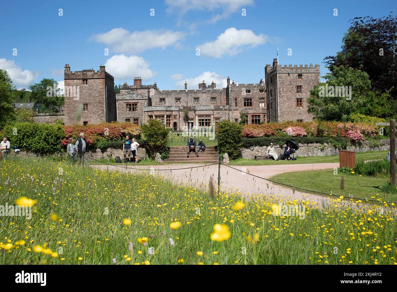 South facade of Muncaster Castle in the Western Lake District. -  Hawk and Owl Centre Stock Photo