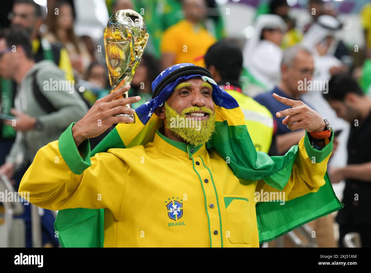Brazil fans inside the stadium ahead of the FIFA World Cup Group G match at the Lusail Stadium in Lusail, Qatar. Picture date: Thursday November 24, 2022. Stock Photo