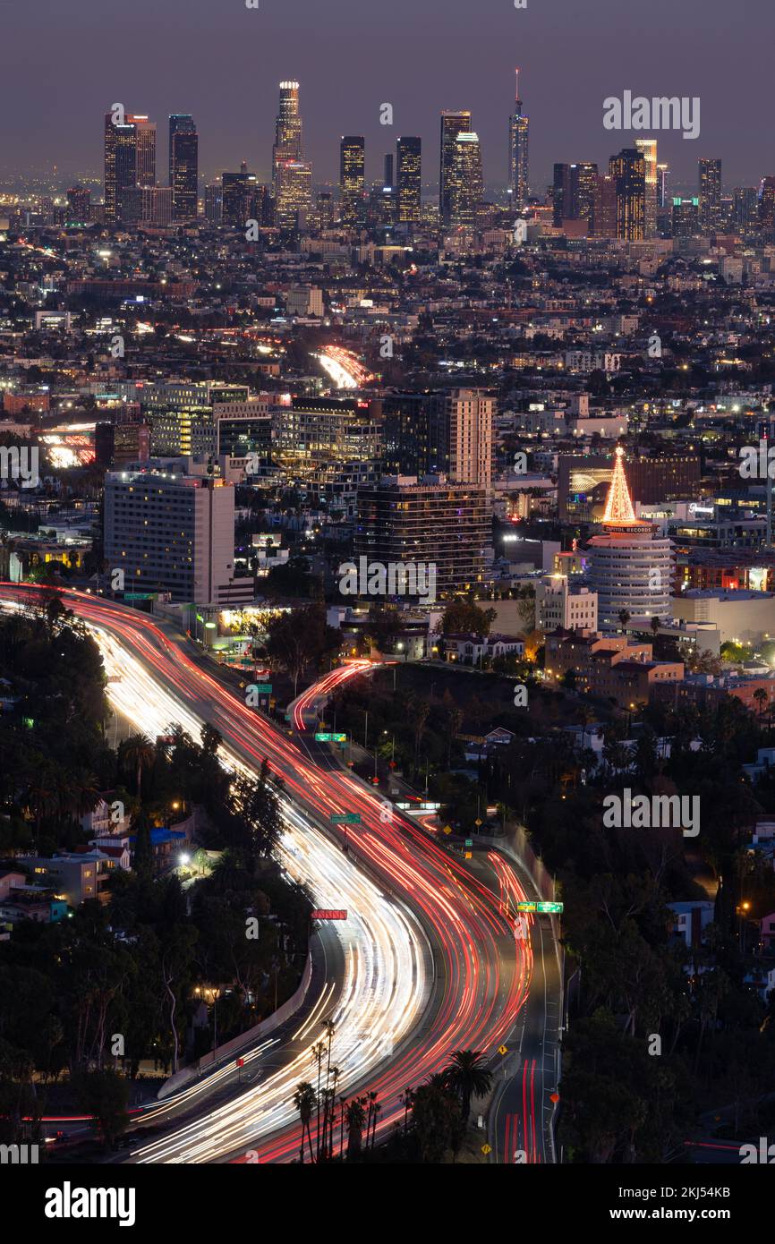 The 101 freeway leading into downtown Los Angeles at dusk Stock Photo