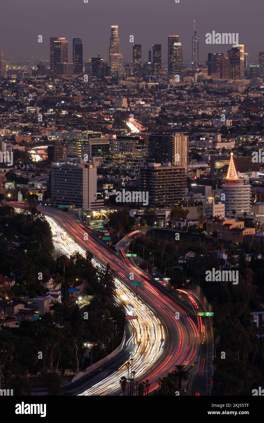 The 101 freeway leading into downtown Los Angeles at dusk Stock Photo