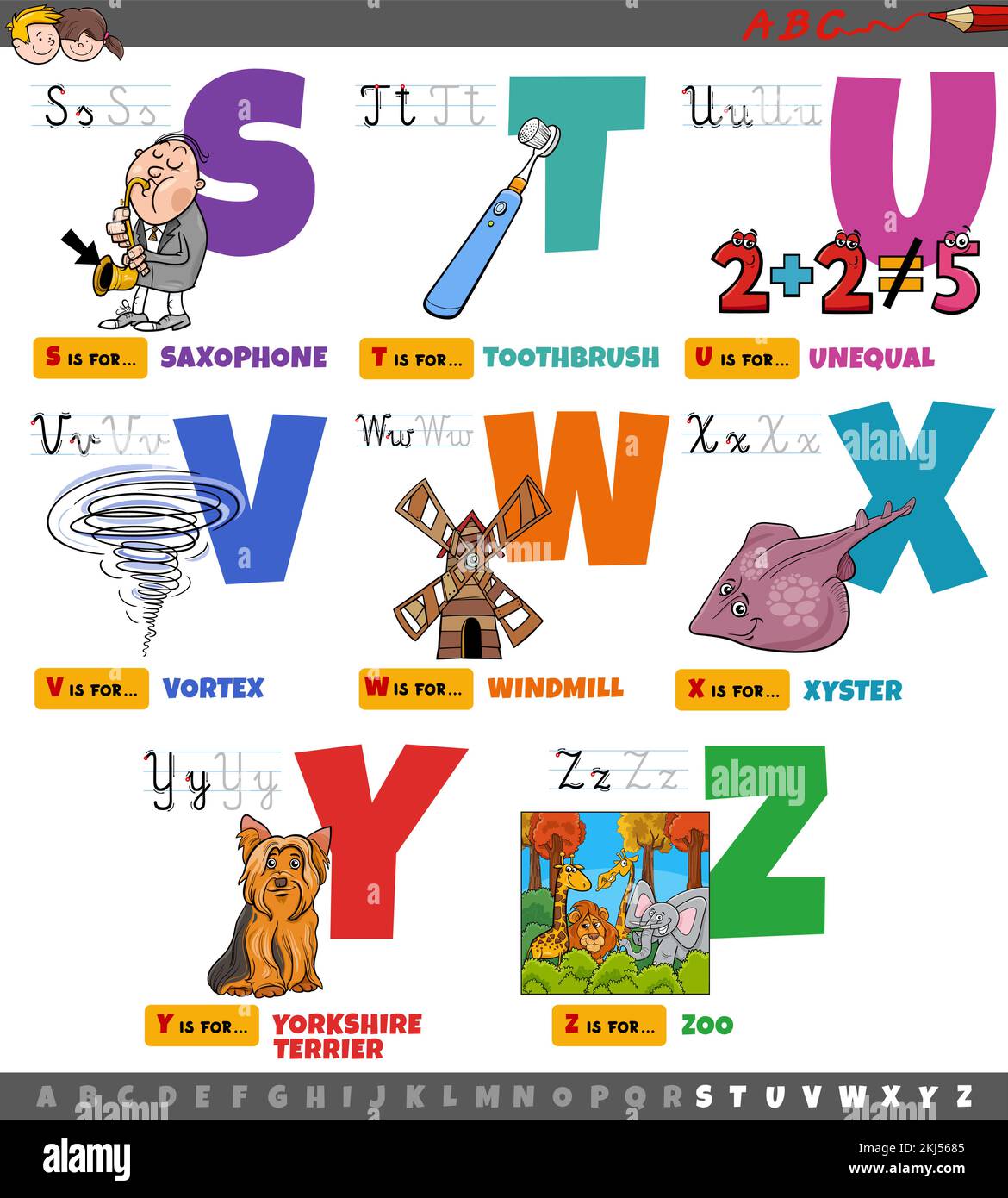 Cartoon illustration of capital letters alphabet educational set for reading and writing practice for elementary age children from S to Z Stock Vector