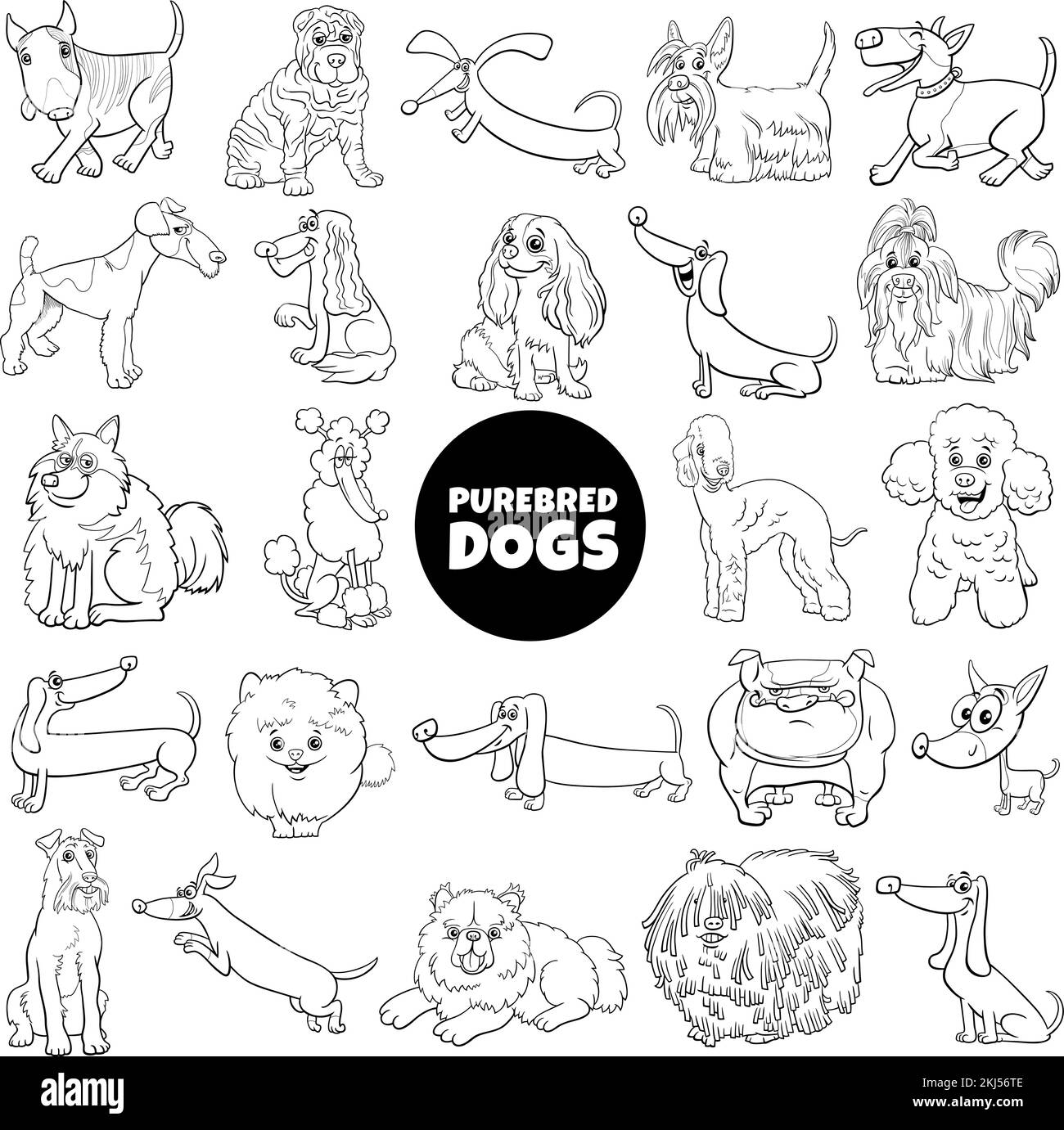 Black  and white cartoon illustration of purebred dogs animal characters big set Stock Vector