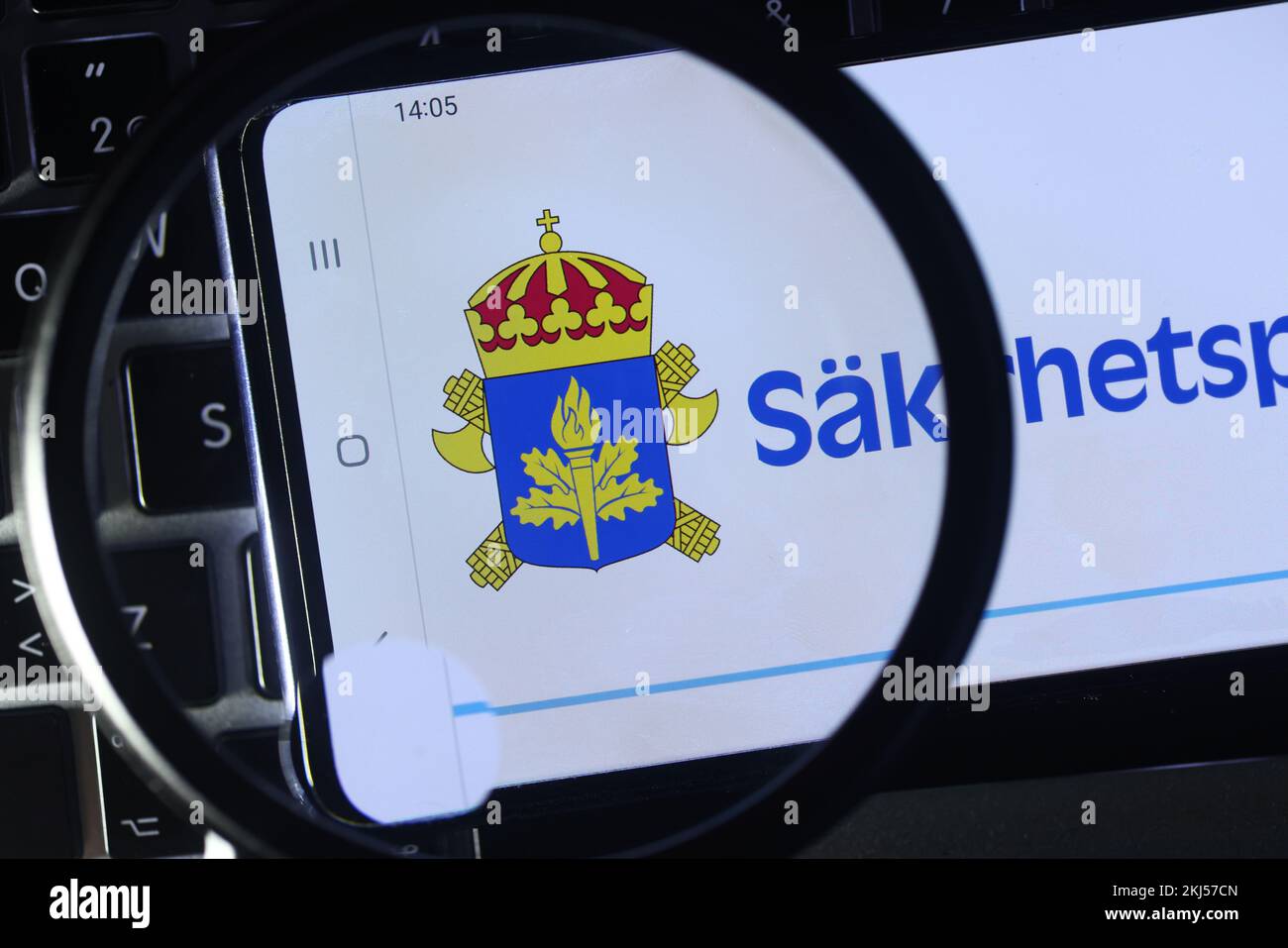 The Swedish Security Service (Swedish: Säkerhetspolisen, SÄPO, is a Swedish government agency organised under the Ministry of Justice. In the picture: The Swedish Security Service logotype on a screen. Stock Photo