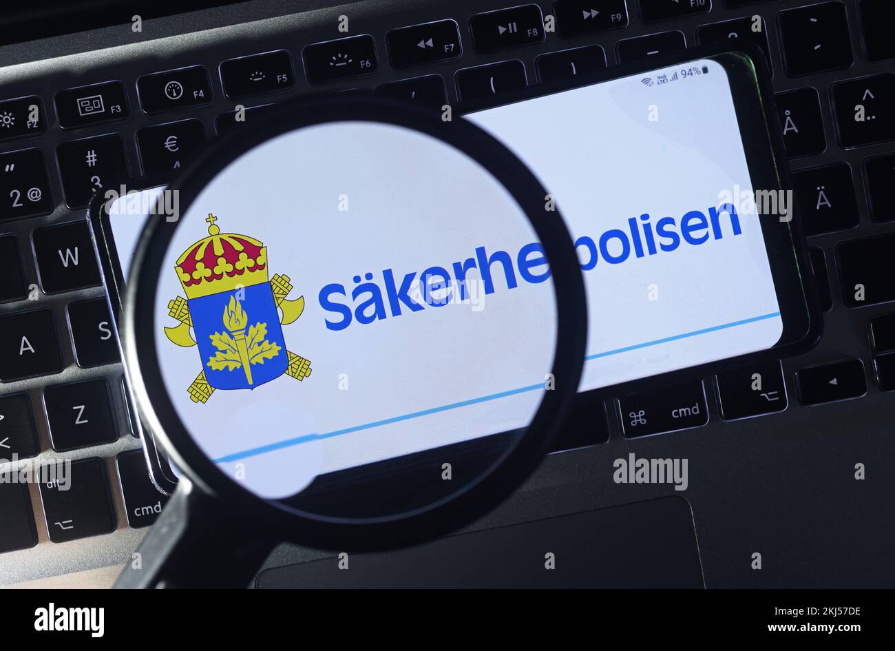 The Swedish Security Service (Swedish: Säkerhetspolisen, SÄPO, is a Swedish government agency organised under the Ministry of Justice. In the picture: The Swedish Security Service logotype on a screen. Stock Photo