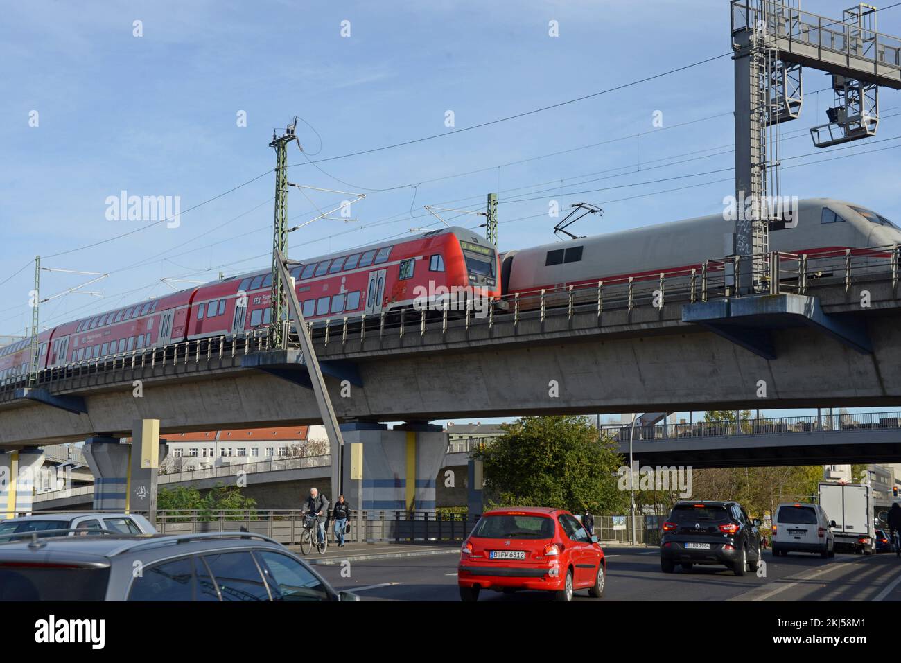 Deutsche Bahn RER and ICE trains on the flyover at Perleberge Strasse ...