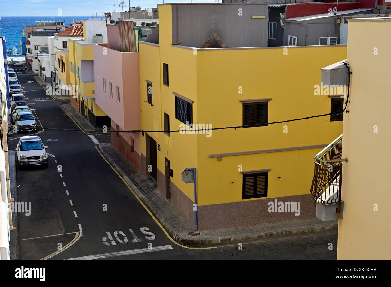 Street and apartment buildings in village of El Burrero Gran Canaria very near Las Palmas airport Stock Photo