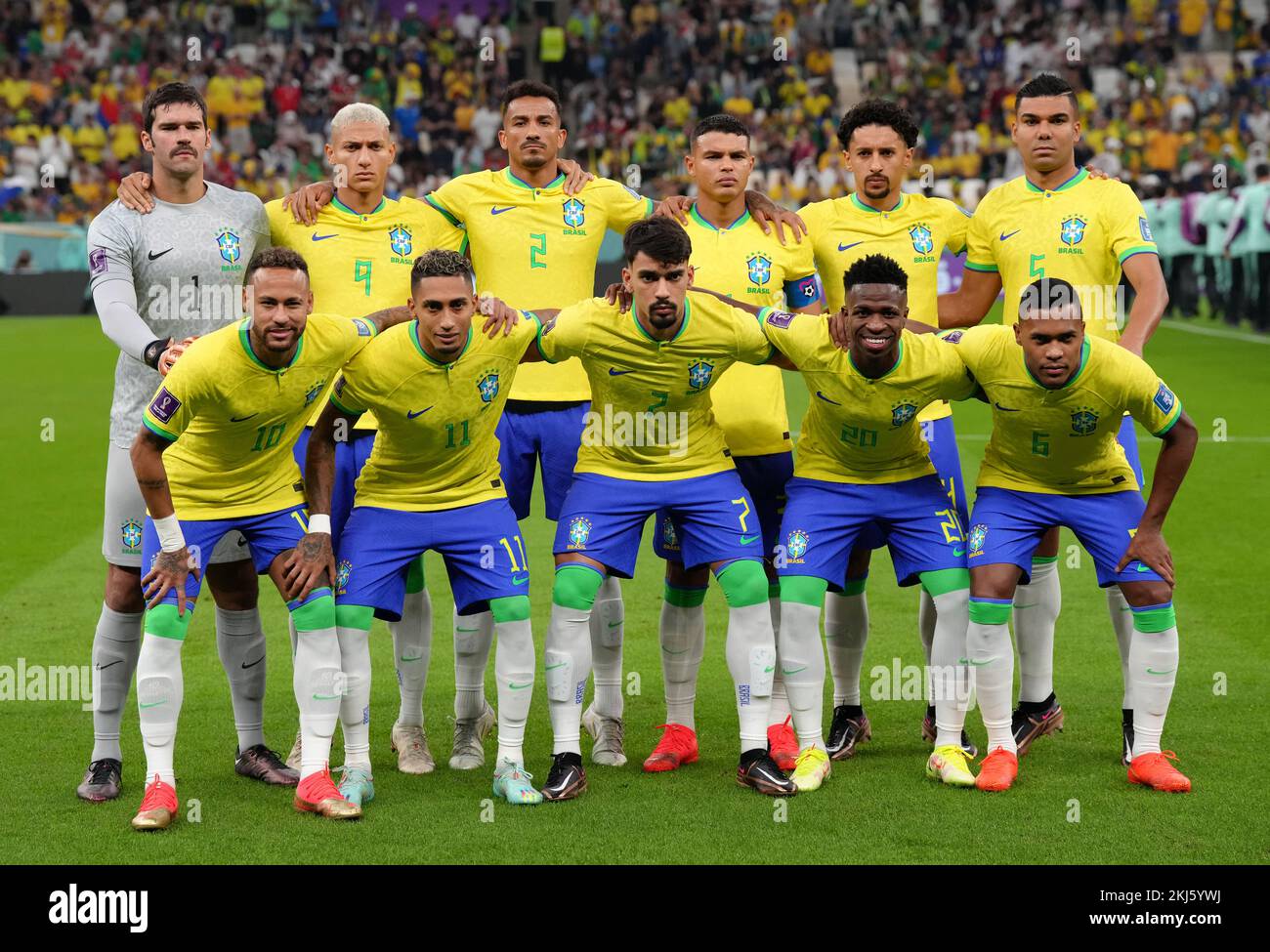 Back row, left to right, Brazil players Alisson, Richarlison, Danilo, Thiago Silva, Marquinhos and Casemiro. Front row, left to right, Neymar, Raphinha, Lucas Paqueta, Vinicius Junior and Alex Sandro line up before the FIFA World Cup Group G match at the Lusail Stadium in Lusail, Qatar. Picture date: Thursday November 24, 2022. Stock Photo