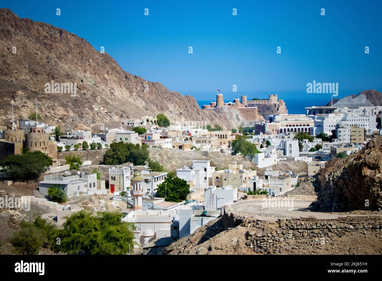Muscat Oman Landscape and City with Desert, Fort and Ocean Stock Photo