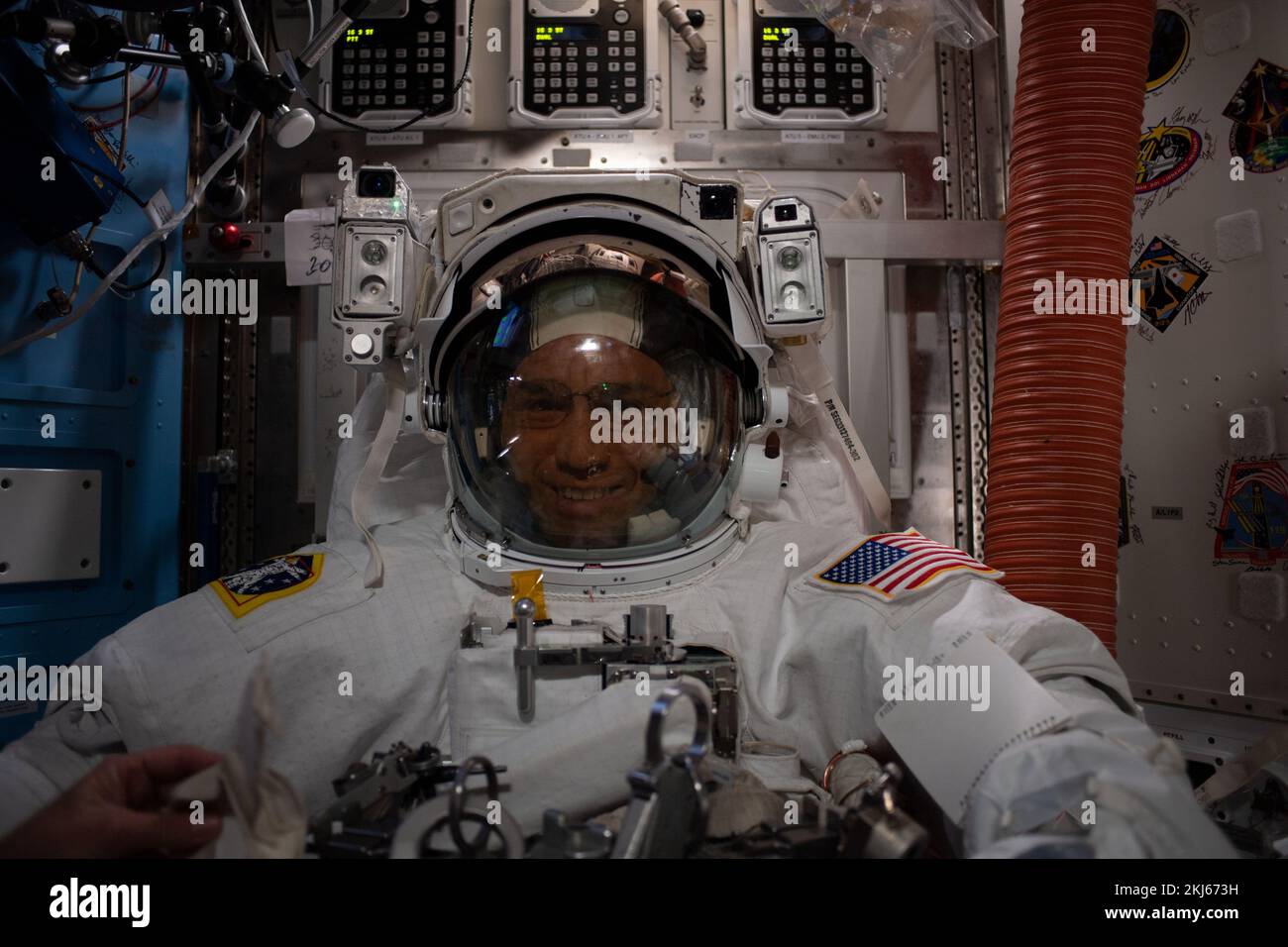 International Space Station, Earth Orbit. 15 November, 2022. NASA astronaut and Expedition 68 Flight Engineer Frank Rubio inside the Quest airlock after returning from a spacewalk outside the International Space Station, November 15, 2022 in Earth Orbit. The 7 hours and 11 minute spacewalk to assemble a mounting bracket was the first for Rubio and fellow astronaut Josh Cassada.  Credit: Josh Cassada/NASA/Alamy Live News Stock Photo