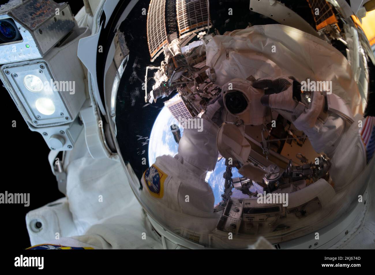 International Space Station, Earth Orbit. 15 November, 2022. NASA astronaut and Expedition 68 Flight Engineer Frank Rubio takes a selfie during a spacewalk outside the International Space Station, November 15, 2022 in Earth Orbit. The 7 hours and 11 minute spacewalk to assemble a mounting bracket was the first for Rubio and fellow astronaut Josh Cassada.  Credit: Frank Rubio/NASA/Alamy Live News Stock Photo