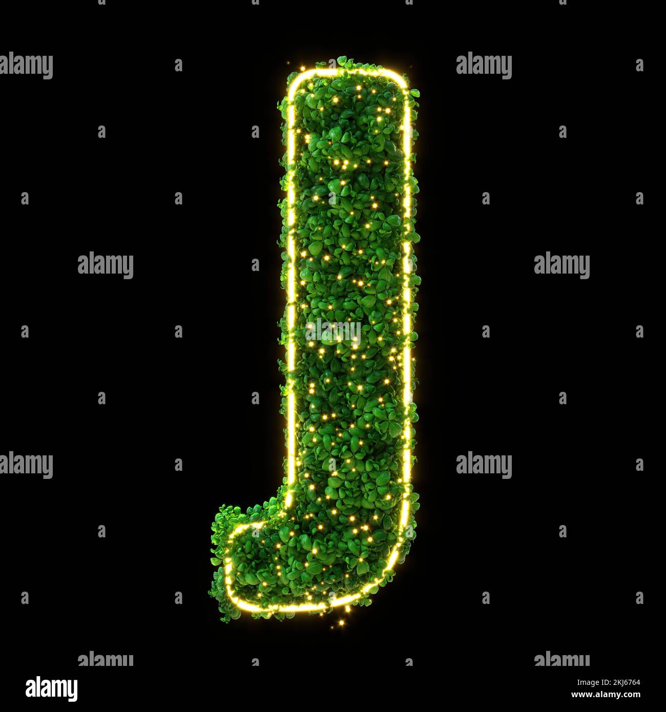 3d alphabet letter J. Green plant, glowing neon leaves, grass, moss