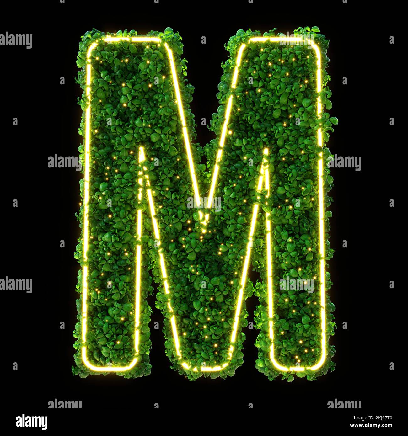 3d alphabet letter M. Green plant glowing neon leaves grass