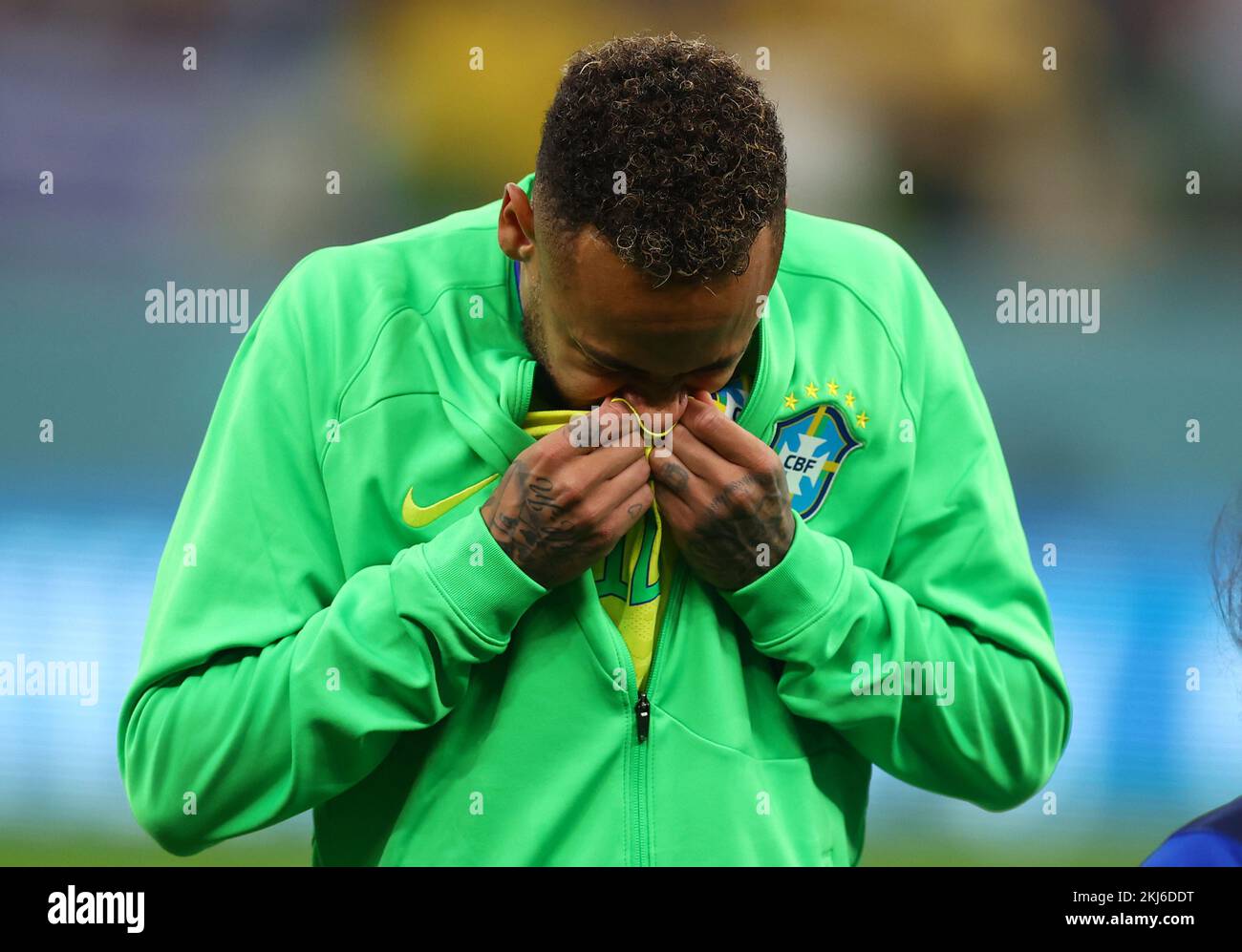Doha, Qatar, 24th November 2022. Neymar Jr of Brazil kisses his shirt during the FIFA World Cup 2022 match at Lusail Stadium, Doha. Picture credit should read: David Klein / Sportimage Credit: Sportimage/Alamy Live News Stock Photo