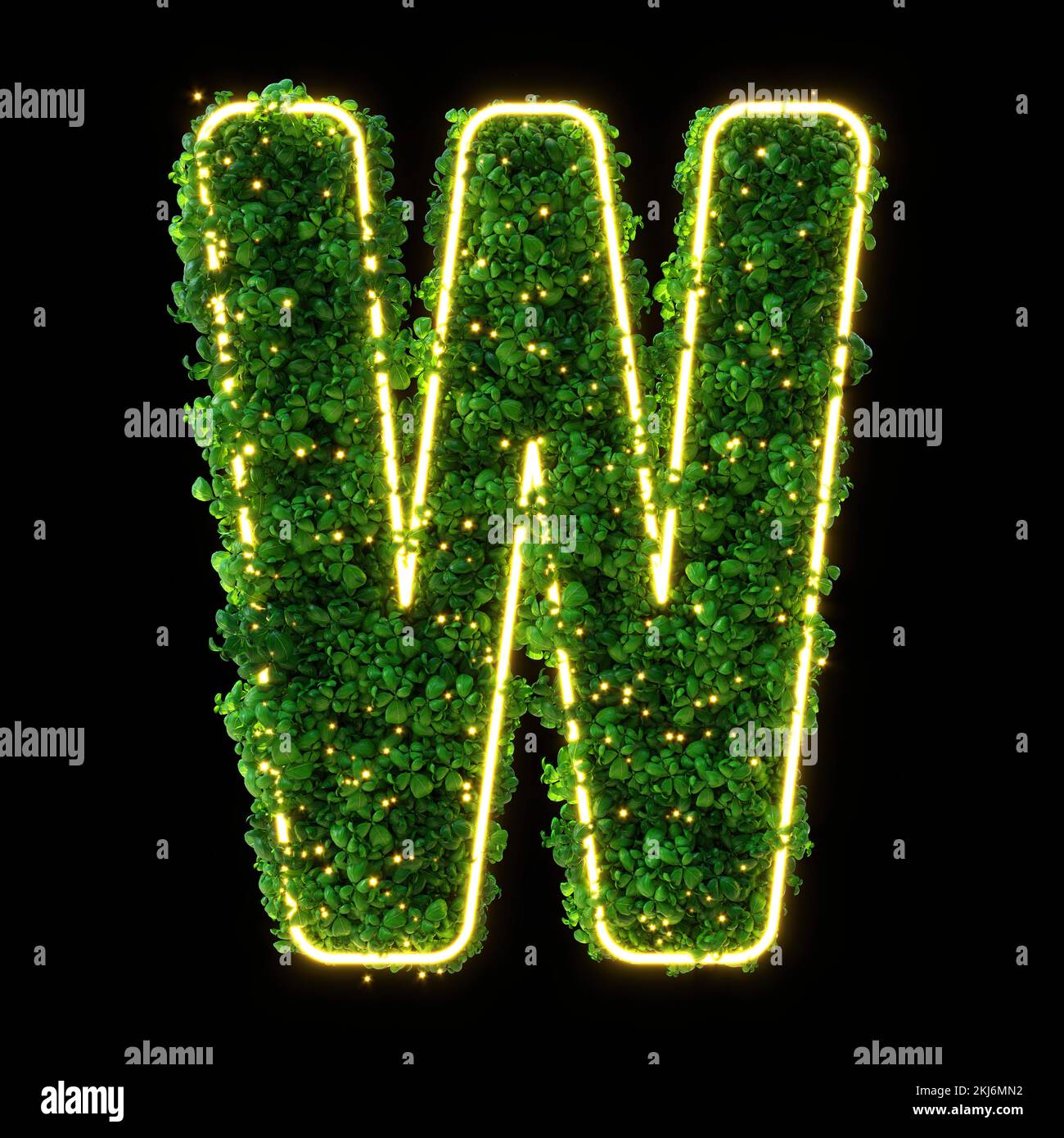 3d alphabet letter W. Green plant, glowing neon leaves, grass, moss, basil, mint. Isolated on black background with Clipping Path. 3d illustration. Stock Photo