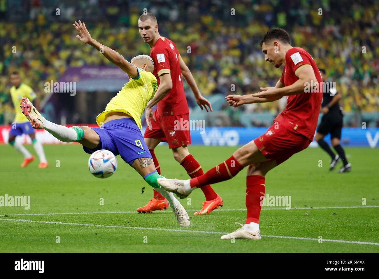 Lusail, Qatar. 24th Nov, 2022. Richarlison (L) of Brazil competes during the Group G match between Brazil and Serbia at the 2022 FIFA World Cup at Lusail Stadium in Lusail, Qatar, Nov. 24, 2022. Credit: Wang Lili/Xinhua/Alamy Live News Stock Photo