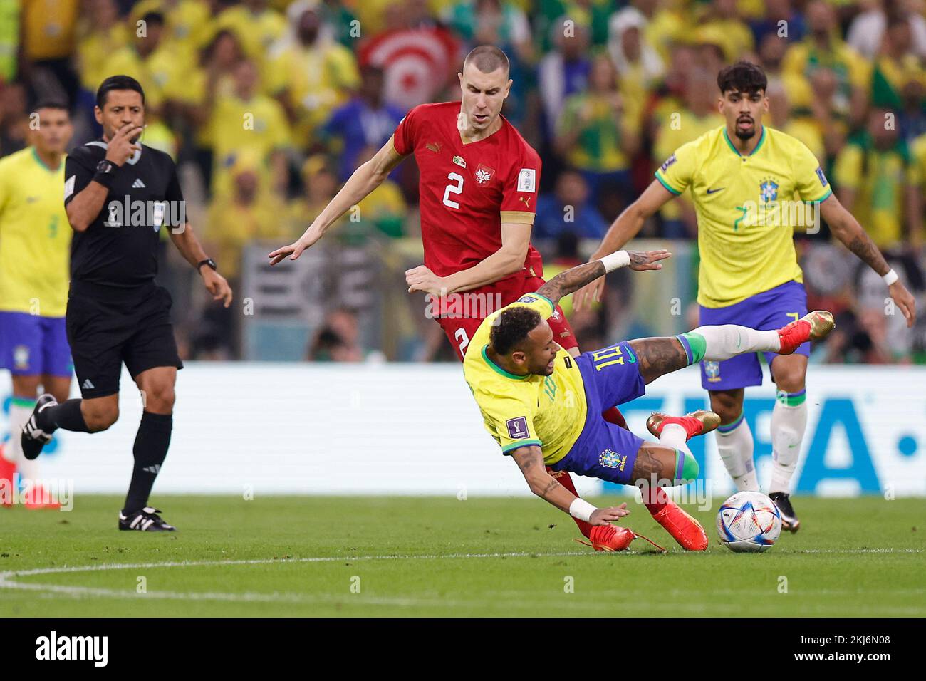 Lusail, Qatar. 24th Nov, 2022. Neymar (Front) of Brazil falls down during the Group G match between Brazil and Serbia at the 2022 FIFA World Cup at Lusail Stadium in Lusail, Qatar, Nov. 24, 2022. Credit: Wang Lili/Xinhua/Alamy Live News Stock Photo
