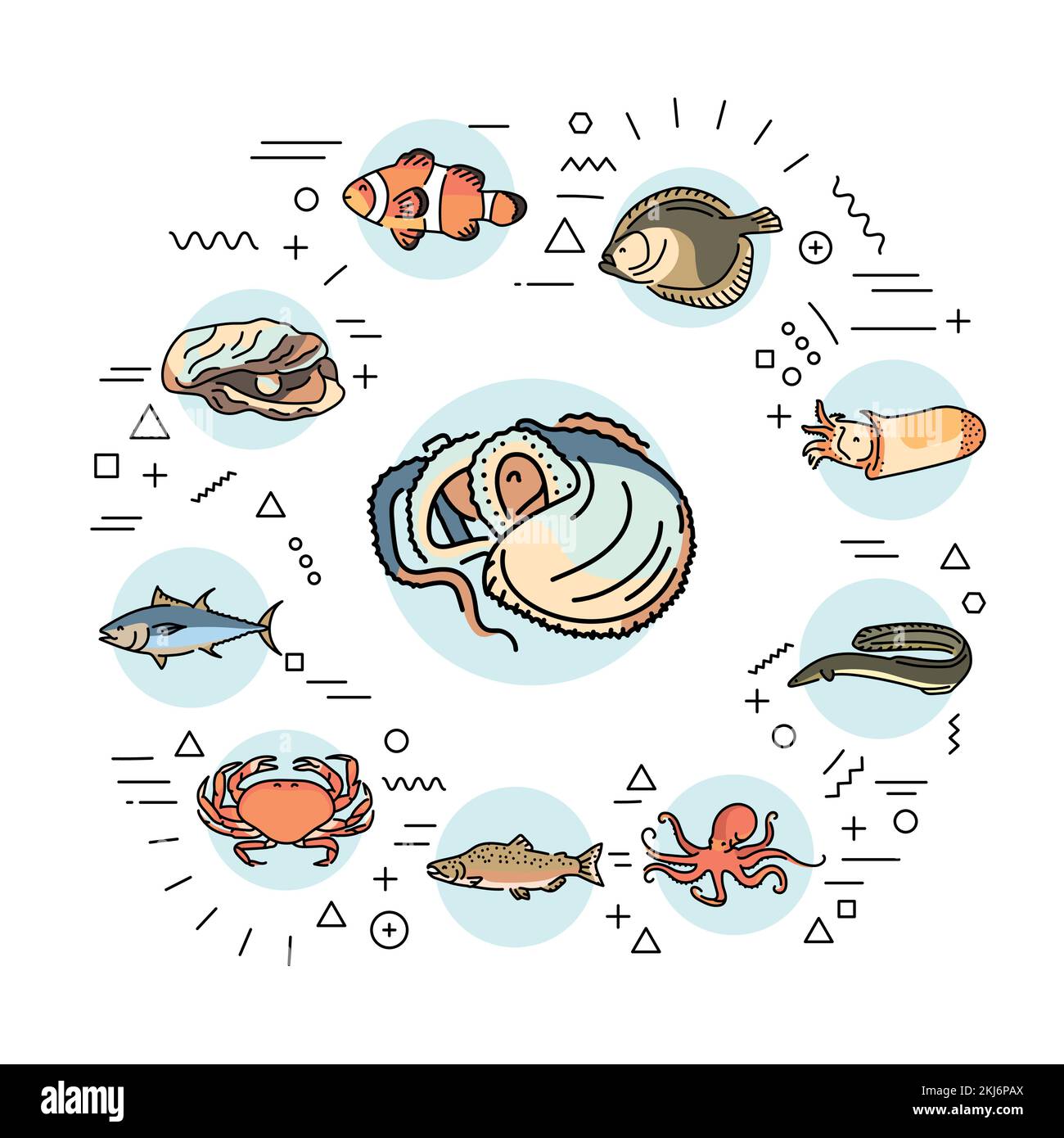 Shellfish and fish web banner. Infographics with linear icons on white background. Creative idea concept. Stock Vector