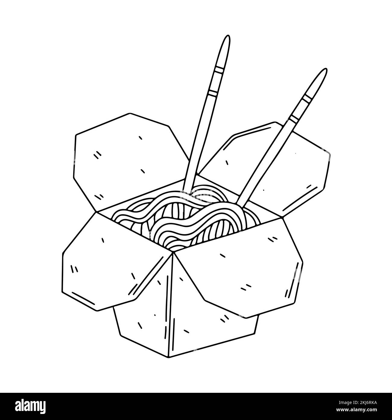 Open box with noodles in hand drawn doodle style. Chopsticks in noodles. Asian street meal. Icon for menu Isolated on white bsckground Stock Vector