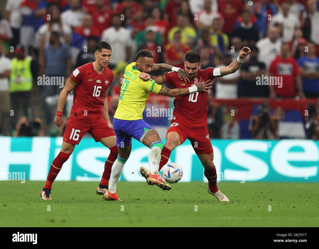 Lusail Iconic Stadium, Lusail, Qatar. 24th Nov, 2022. FIFA World Cup Football, Brazil versus Serbia; Neymar of Brazil challenged by Dusan Tadic of Serbia Credit: Action Plus Sports/Alamy Live News Stock Photo