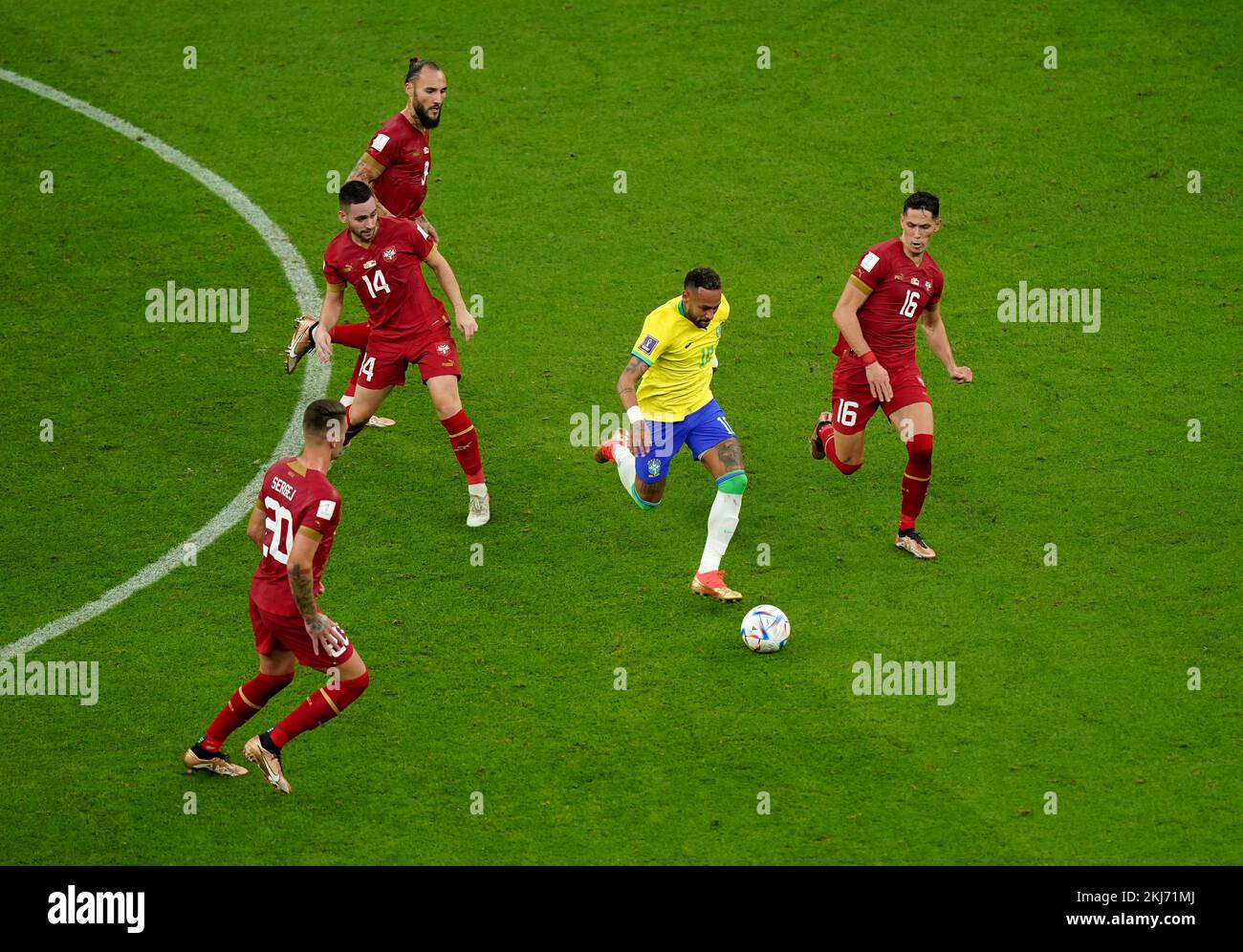Brazil’s Neymar is surrounded by Serbia’s Nemanja Gudelj (8), Andrija ...