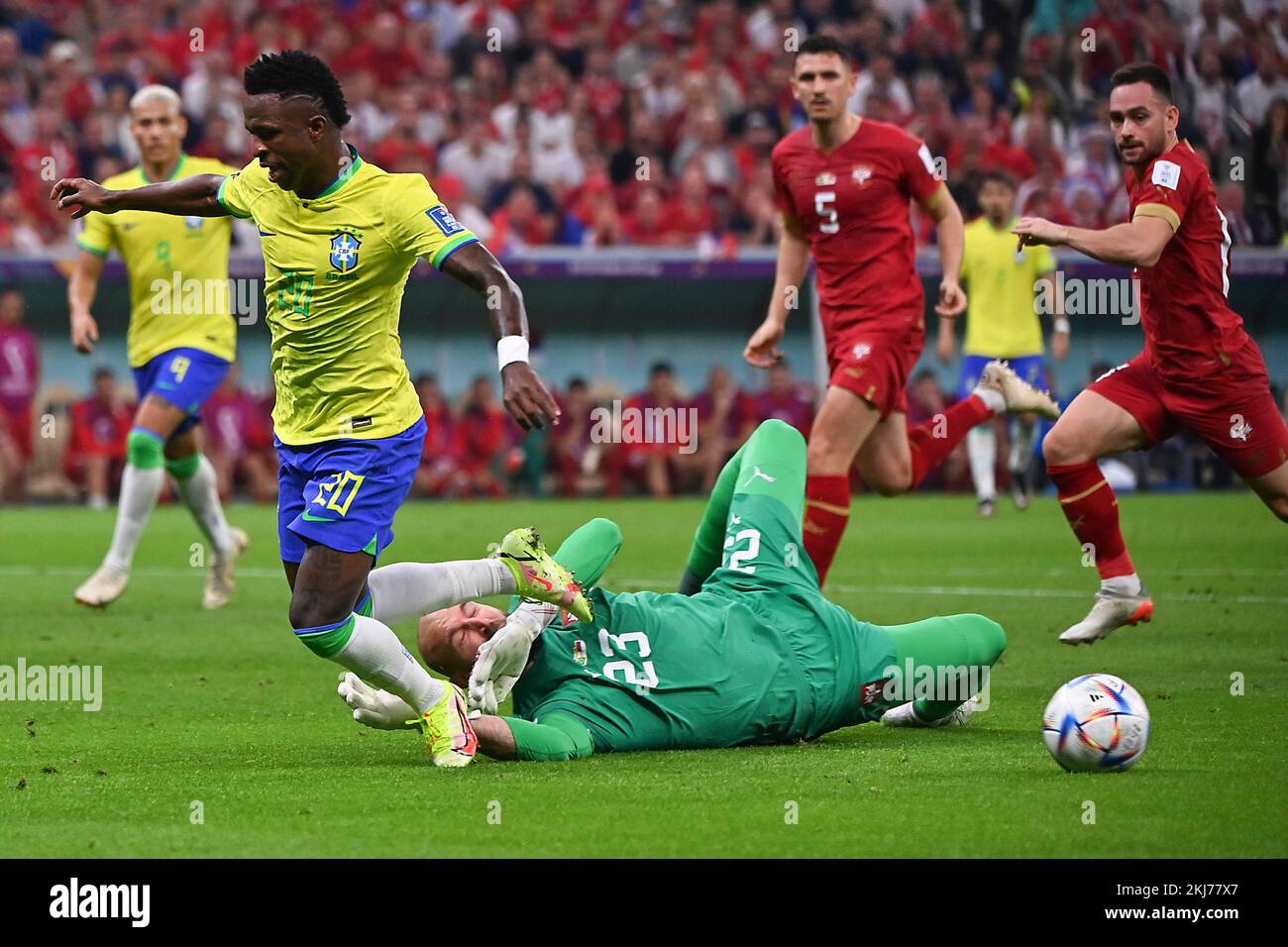 Lusail, Qatar. 24th Nov, 2022. Vinicius Junior (L) of Brazil competes during the Group G match between Brazil and Serbia at the 2022 FIFA World Cup at Lusail Stadium in Lusail, Qatar, Nov. 24, 2022. Credit: Chen Cheng/Xinhua/Alamy Live News Stock Photo