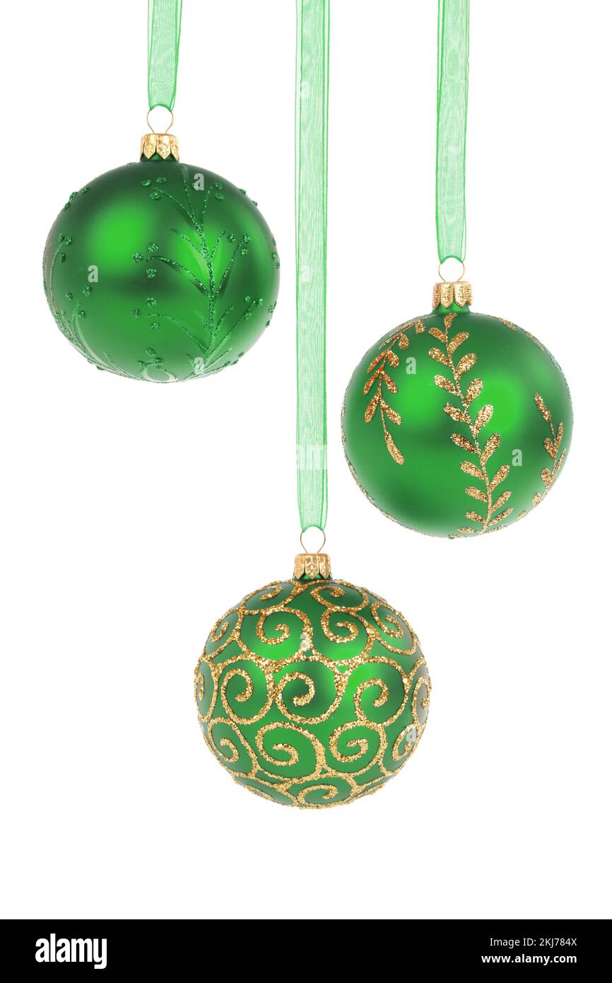 green baubles hanging, white background Stock Photo