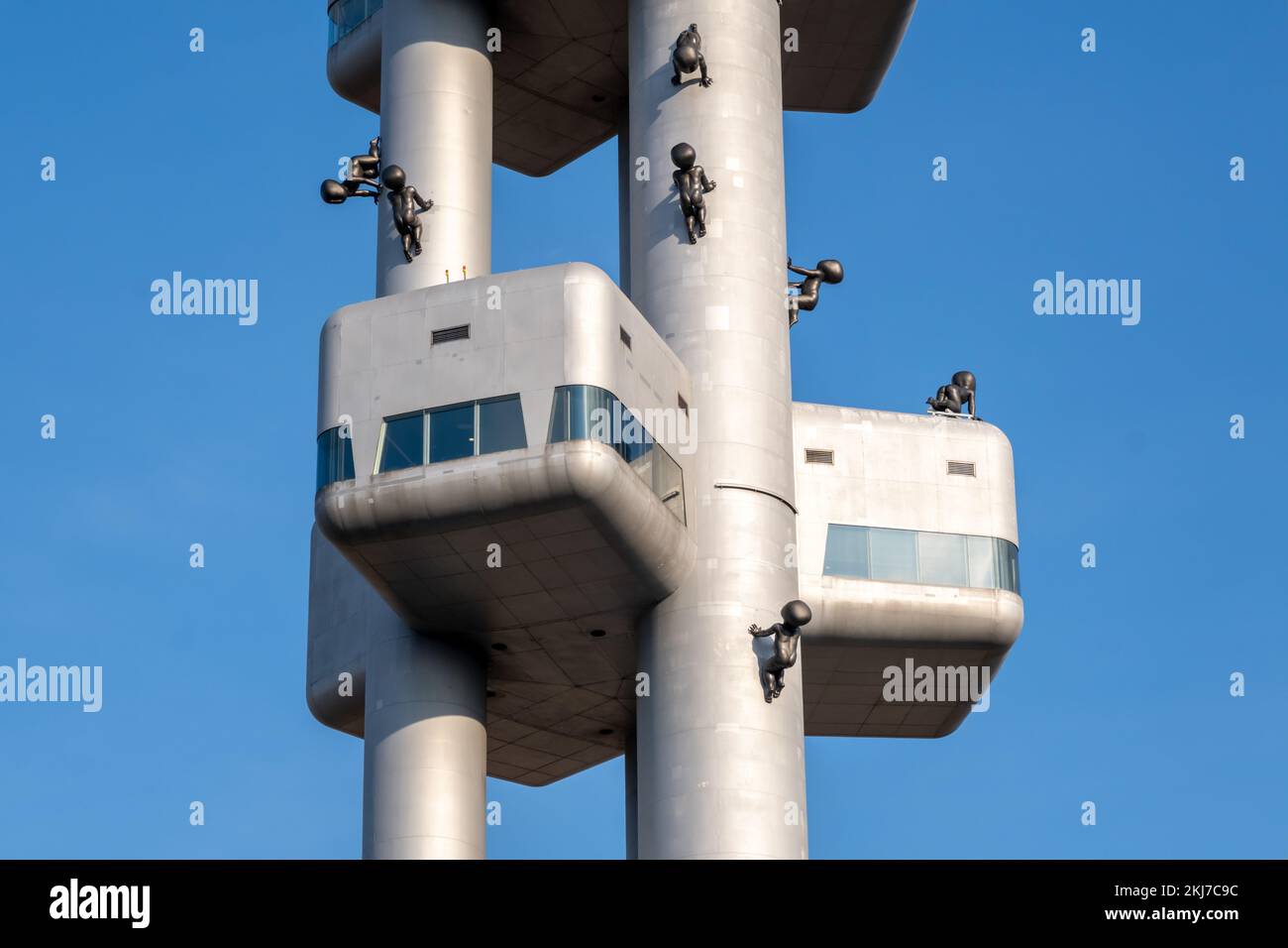 Prague, Czech Republic - 5 September 2022: Miminka (Babies) from artist David Cerny crawling on Zizkov Television Tower Stock Photo