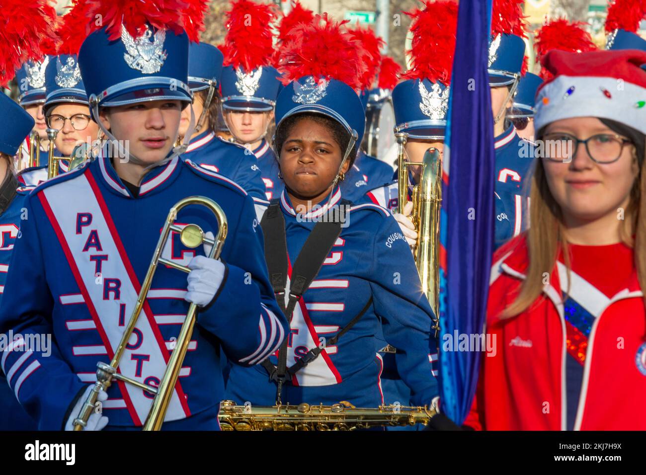 Detroit, Michigan, USA. 24th Nov, 2022. A lone African-American woman in the mostly-white Cusino Patriot Band in Detroit's Thanksgiving Day parade. The band is from Cusino High School in Warren, Michigan. Credit: Jim West/Alamy Live News Stock Photo
