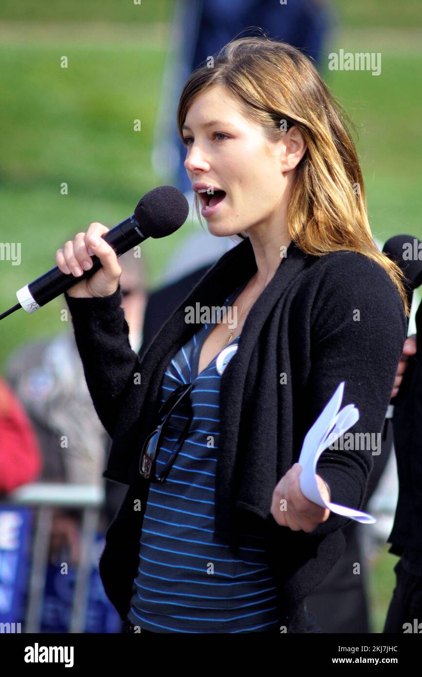 October 11, 2008 - Las Vegas, Nevada, U.S. - Jessica Biel speaks on stage during a Barack Obama rally at the Clark County Government Center on Saturday, October 11, 2008, in Las Vegas. Biel gave her support for the democratic presidential nominee. (Credit Image: © David Becker/ZUMA Press Wire) Stock Photo
