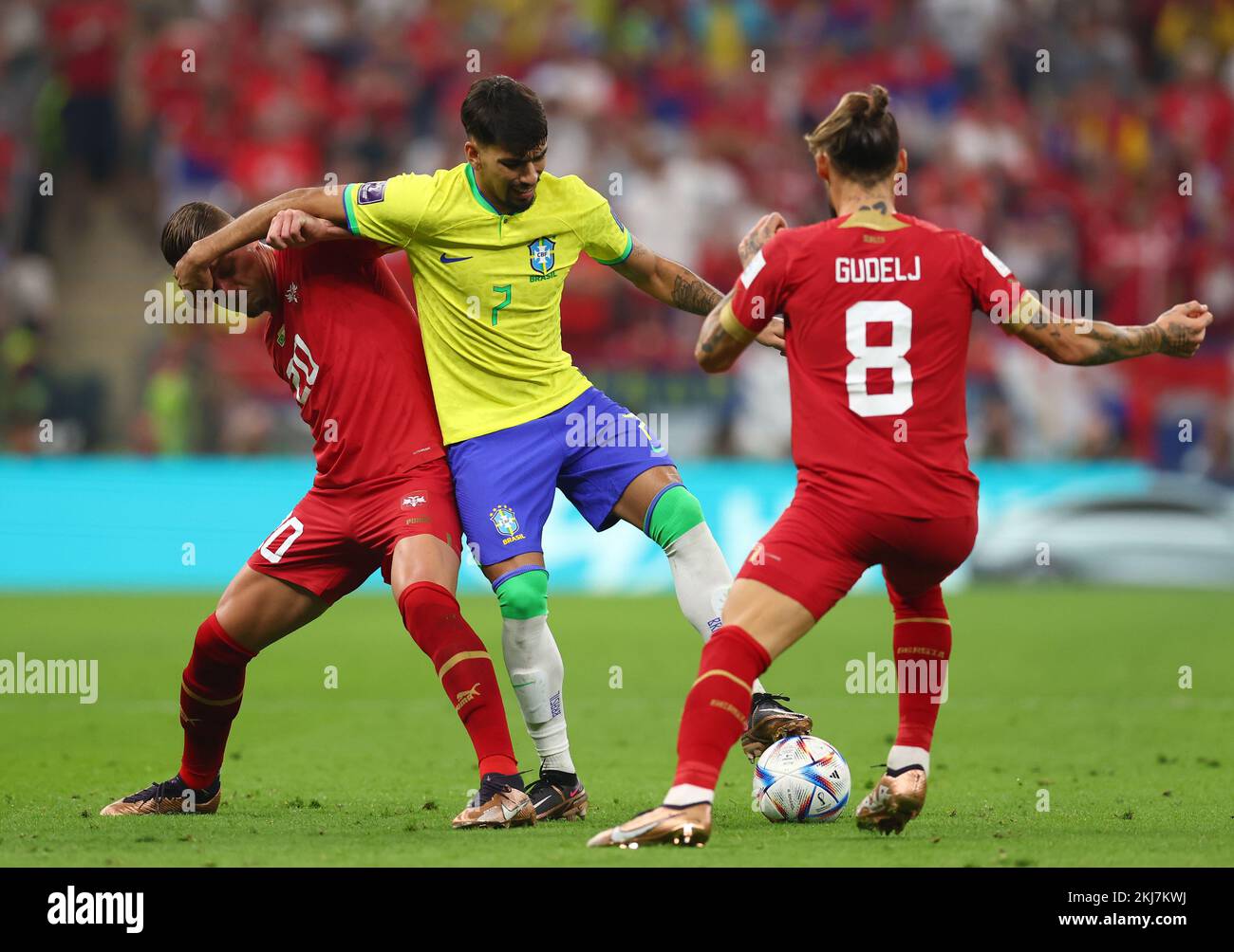Doha, Qatar, 24th November 2022.  Lucas Paqueta of Brazil tackles Sergej Milinkovic-Savic of Serbia during the FIFA World Cup 2022 match at Lusail Stadium, Doha. Picture credit should read: David Klein / Sportimage Credit: Sportimage/Alamy Live News Stock Photo