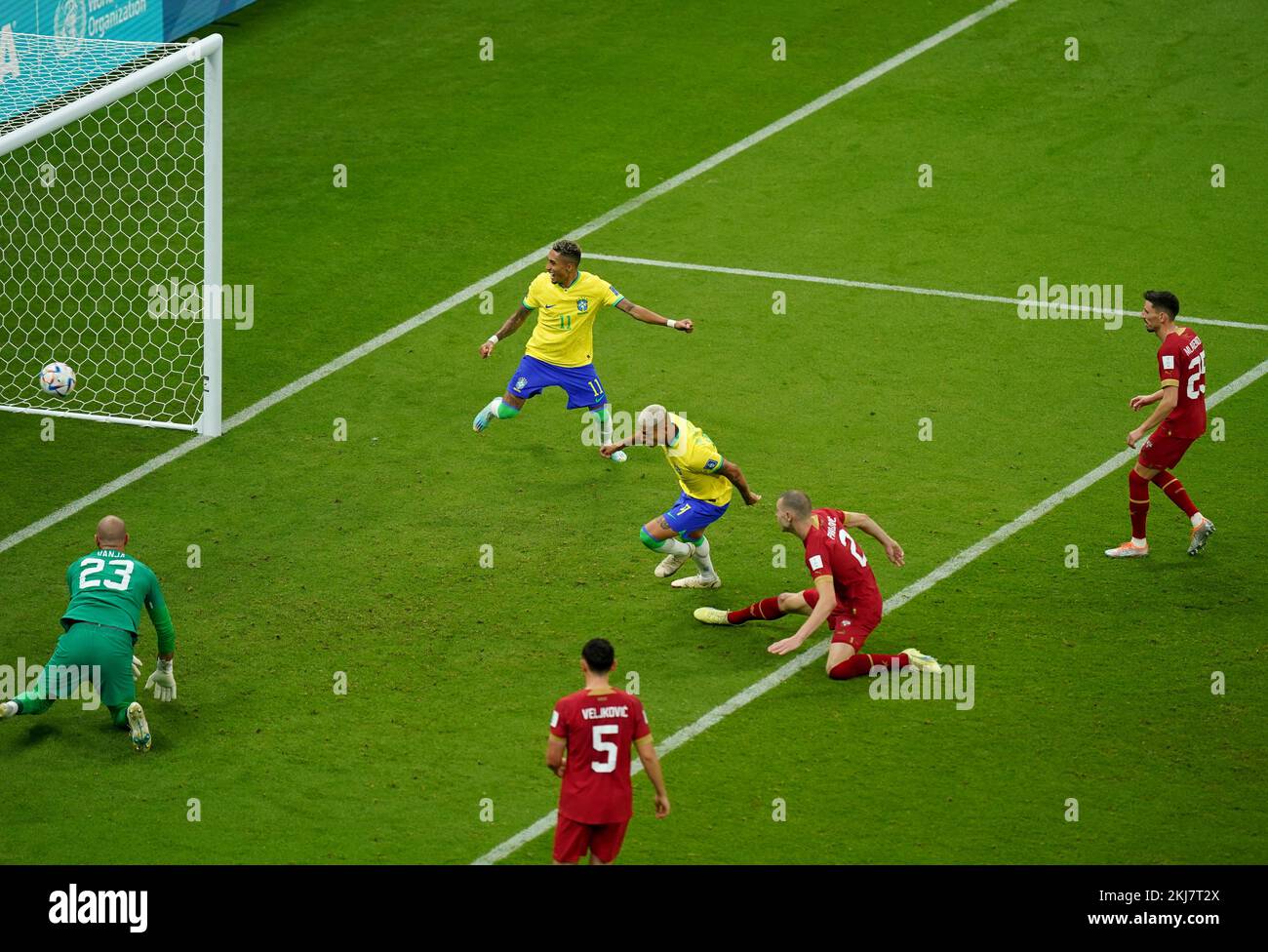 Brazil’s Richarlison scores the opening goal during the FIFA World Cup Group G match at the Lusail Stadium, Lusail, Qatar. Picture date: Thursday November 24, 2022. Stock Photo
