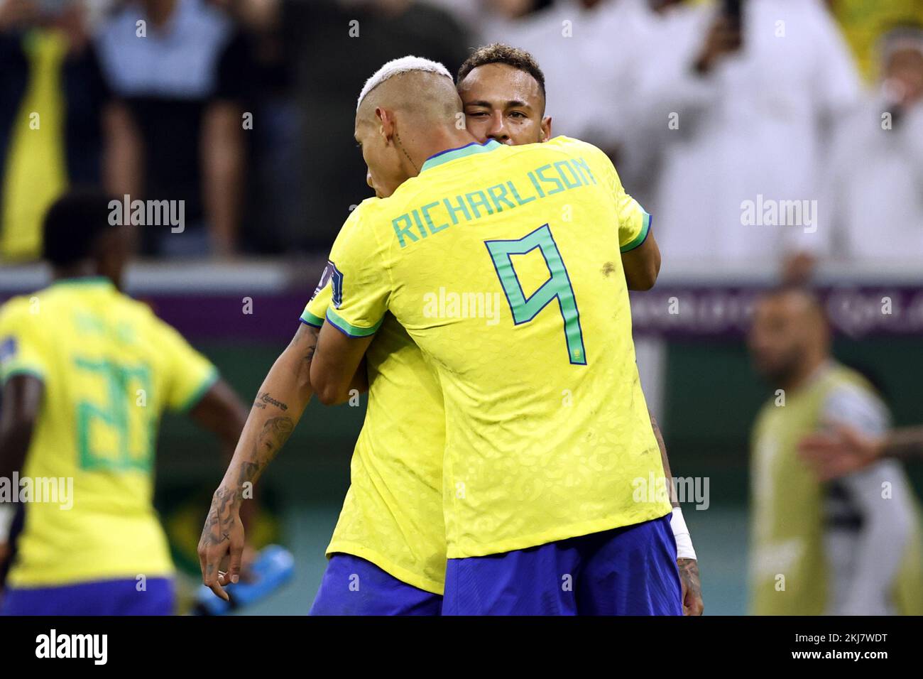 LUSAIL CITY - (l-r) Richarlison of Brazil, Neymar of Brazil celebrate the 1-0 during the FIFA World Cup Qatar 2022 group G match between Brazil and Serbia at Lusail Stadium on November 24, 2022 in Lusail City, Qatar. AP | Dutch Height | MAURICE OF STONE Credit: ANP/Alamy Live News Stock Photo
