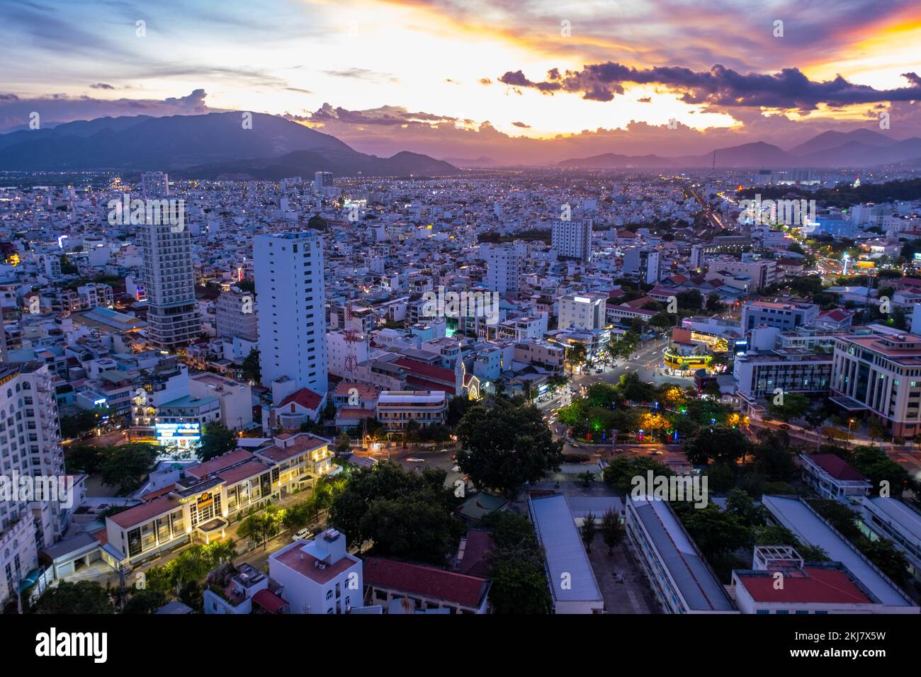 Picture of Nha Trang city skyline aerial panoramic view at sunset in south Vietnam ...