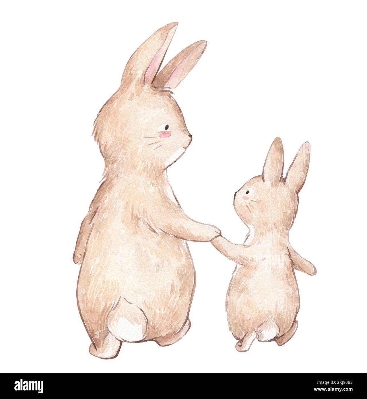 Watercolor Illustration of Dad and baby bunny walking together. Happy ...