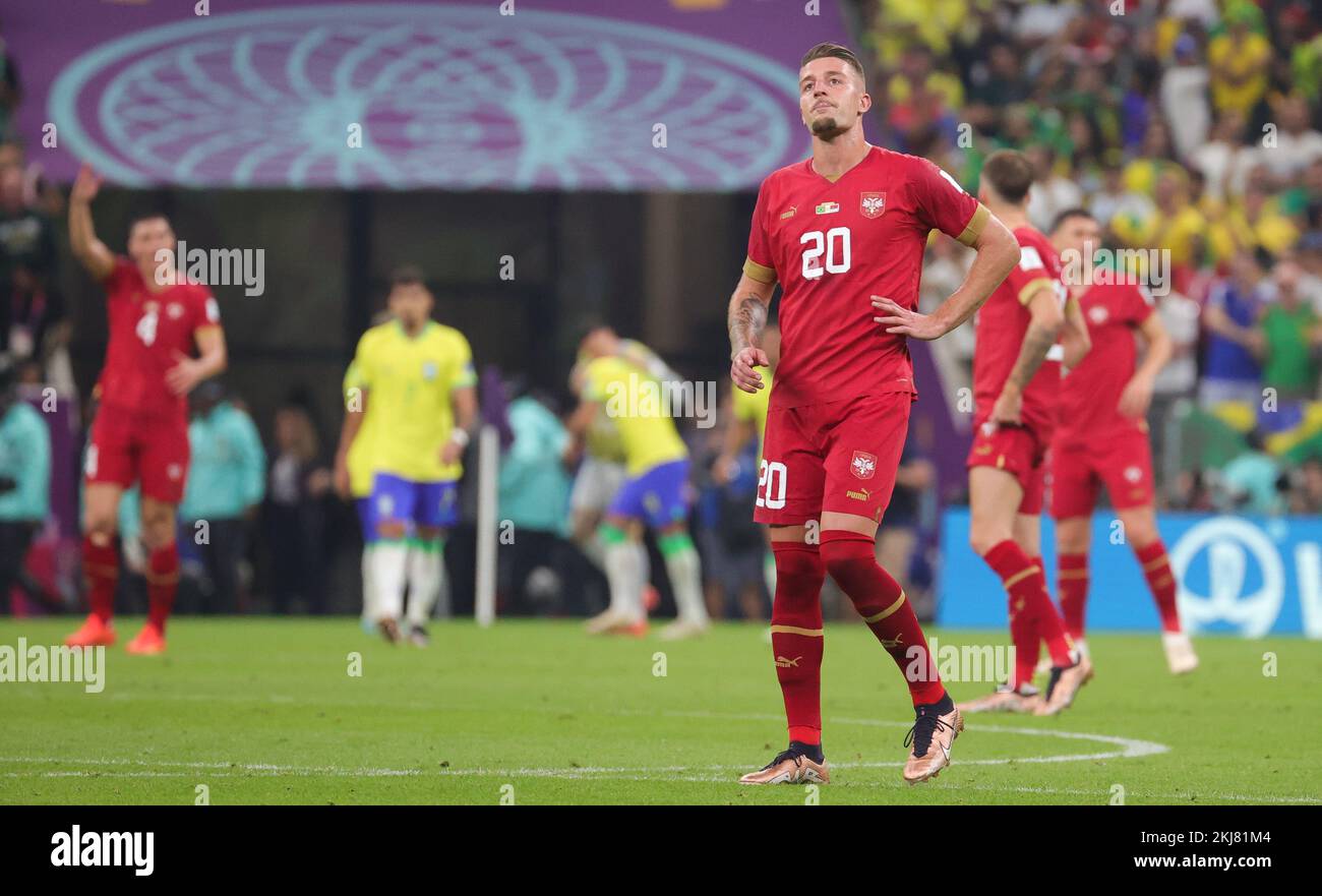Serbian Sergej Milinkovic-Savic looks dejected during a soccer game between Brazil and Serbia, in Group G of the FIFA 2022 World Cup in Lusail, State of Qatar on Thursday 24 November 2022. BELGA PHOTO VIRGINIE LEFOUR Credit: Belga News Agency/Alamy Live News Stock Photo