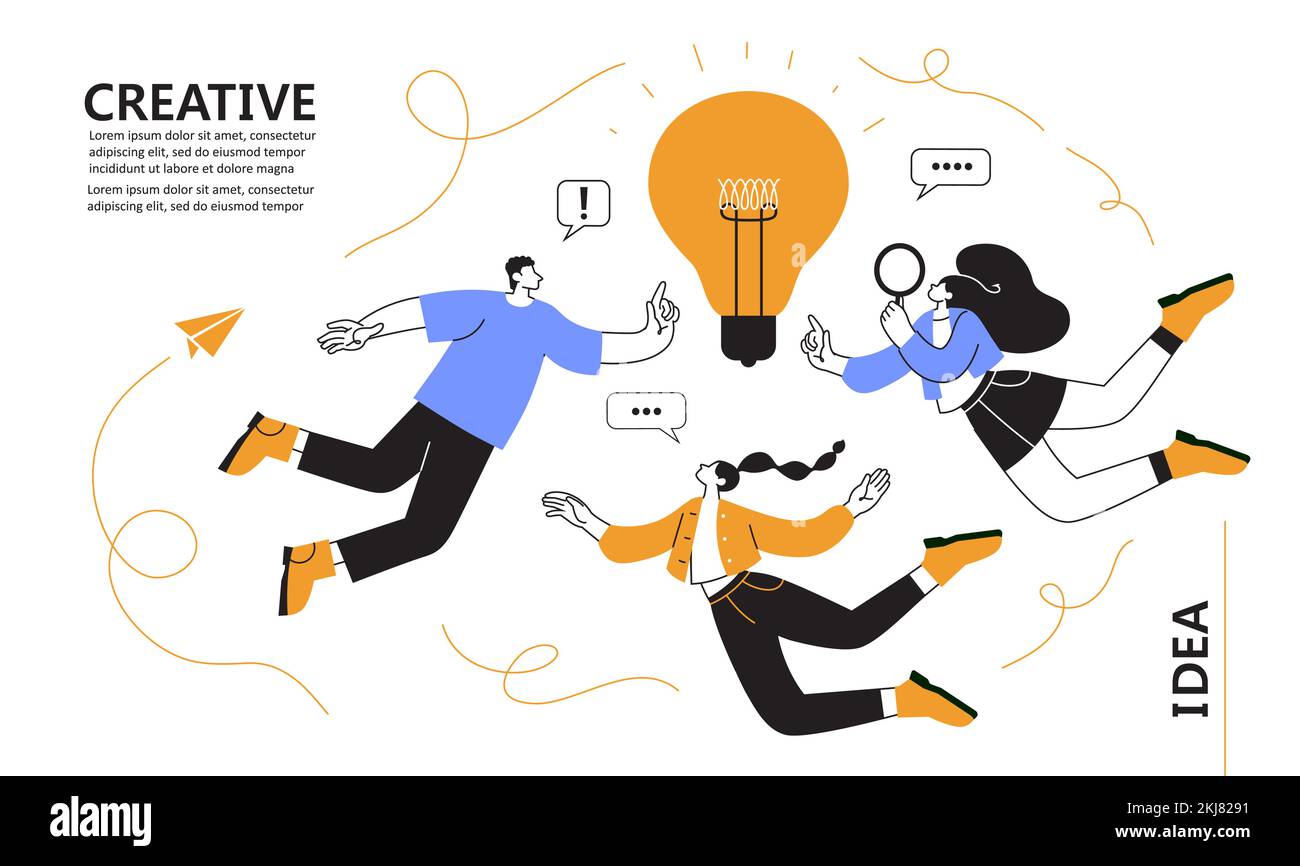 Vector illustration. people moving around a bulb, a metaphor for the birth of a creative idea. Team thinking and brainstorming. Stock Vector