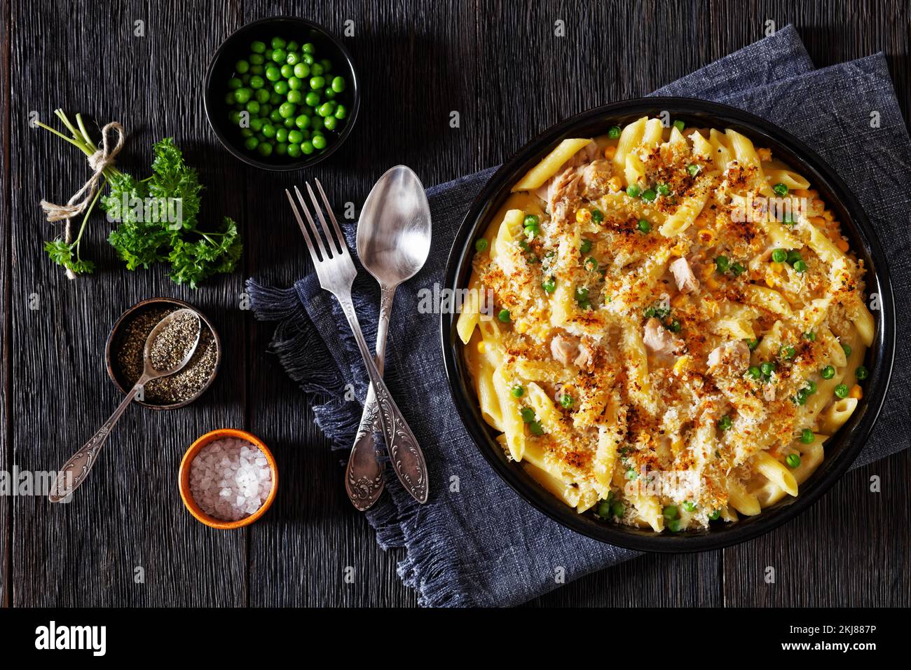 Tuna Mornay, Creamy Tuna Casserole Penne Pasta Bake in baking dish on
