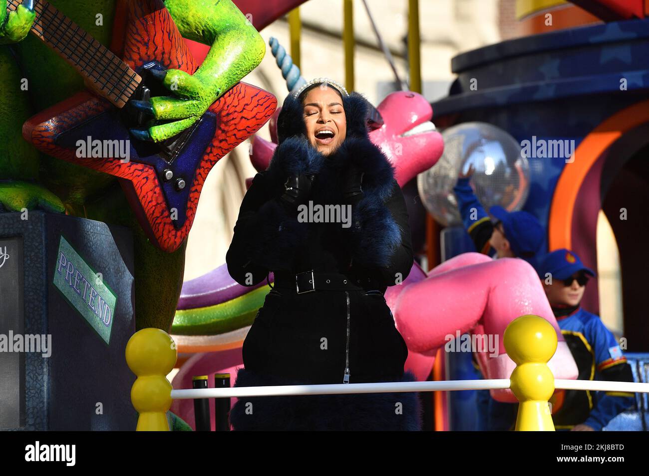 Float Singer Singer Jordan Sparks rides atop a float down Central Park West during ...