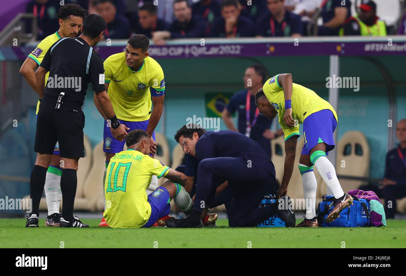 Doha, Qatar, 24th November 2022.  Neymar Jr of Brazil receives treatment  during the FIFA World Cup 2022 match at Lusail Stadium, Doha. Picture credit should read: David Klein / Sportimage Credit: Sportimage/Alamy Live News Stock Photo