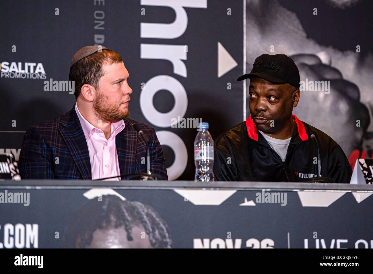 LONDON, UNITED KINGDOM. 24th Nov, 2022. Jesse Addison (right) during Whyte vs Franklin Press Conference at Royal Institute of British Architects, Florence Hall on Thursday, November 24, 2022 in LONDON (Editorial use only, license required for commercial use. No use in betting, games or a single club/league/player publications.) Credit: Taka G Wu/Alamy Live News Stock Photo
